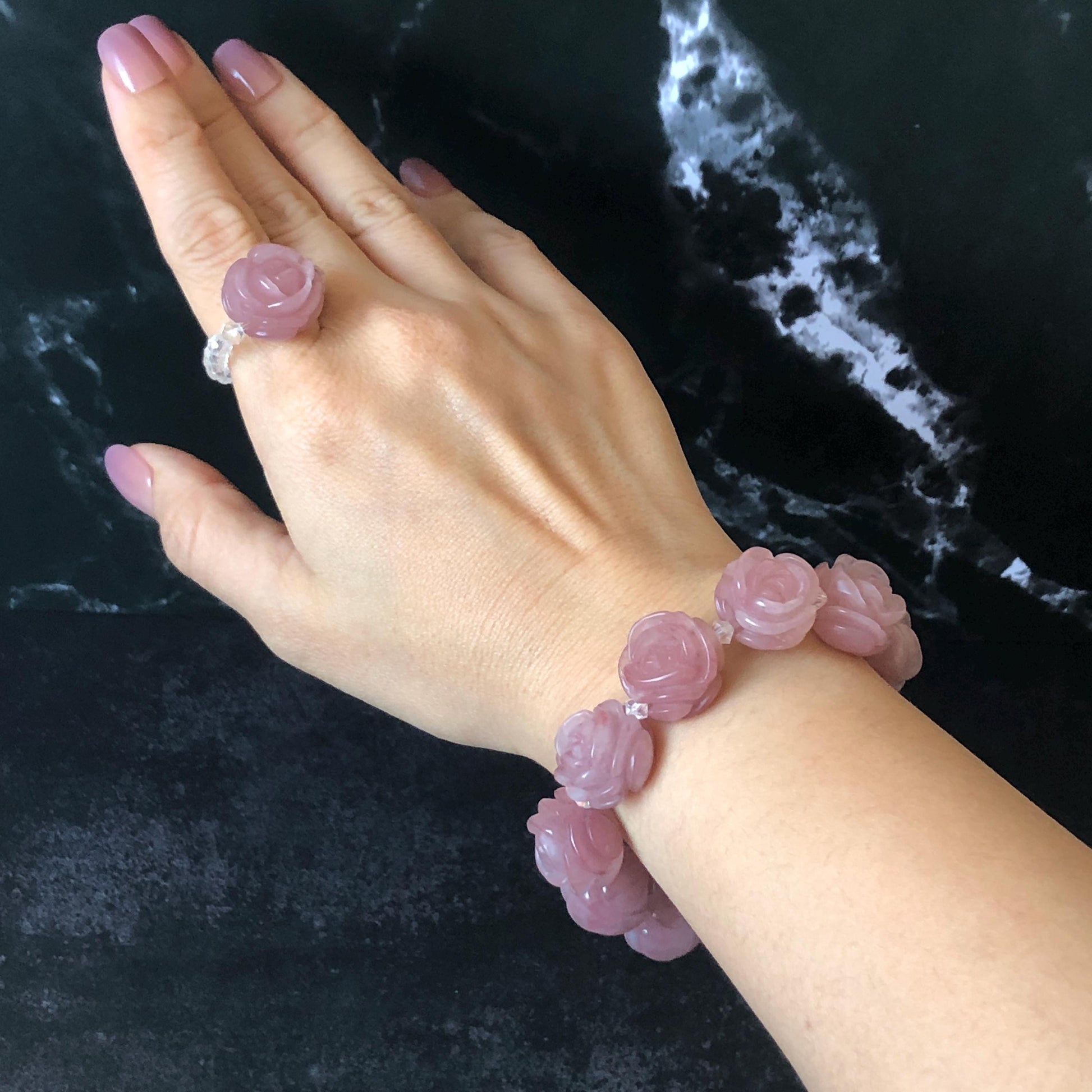 SheTaicui Jade (Quartzite) Hand Carved Rose Bead Bracelet: Natural Icy Pink Peach Charms Elastic Stretch Bracelet | Personalized Gemstone Gift for her, elastic stretch bracelet, huge bead bracelet, jade bead bracelet, pink jade purple jade chinese jade tailor made bracelet personalized bracelet rose charm hand carved bead bracelet hand engraved jade bracelet hand carved rose bracelet rose carving flower carving hand engraved rose bead 3D stone carving