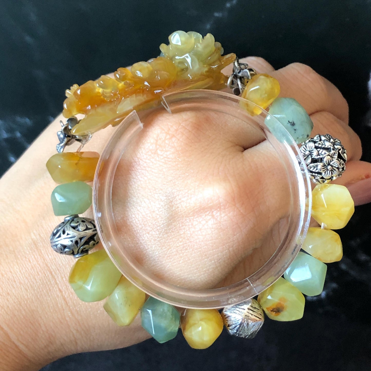 Natural Xiu Jade Serpentine Hand Carved Bird & Flower Charm with Irregular Bead Bracelet: Greenish Blue and Yellow Jade with Vintage Tibetan Silver Accessory| Crystal Stone Gemstone Gift for her Blue Jade Carving Green Jade Bracelet Yellow Jade Jewelry diy bracelet  natural untreated jade carved flower charm engraved blue bird charm big bead Chunky Bead Bracelet elastic stretch bracelet 3D stone carving personalized bracelet personalised gift customized bracelet tailor made bird lover gift