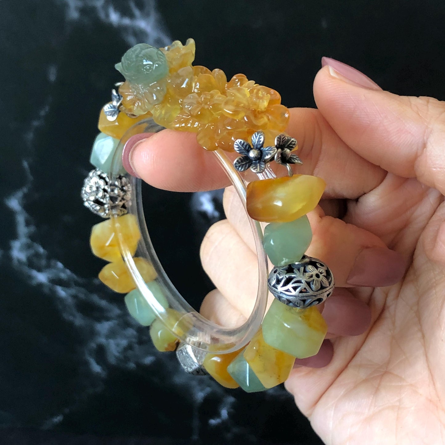 Natural Xiu Jade Serpentine Hand Carved Bird & Flower Charm with Irregular Bead Bracelet: Greenish Blue and Yellow Jade with Vintage Tibetan Silver Accessory| Crystal Stone Gemstone Gift for her Blue Jade Carving Green Jade Bracelet Yellow Jade Jewelry diy bracelet  natural untreated jade carved flower charm engraved blue bird charm big bead Chunky Bead Bracelet elastic stretch bracelet 3D stone carving personalized bracelet personalised gift customized bracelet tailor made bird lover gift