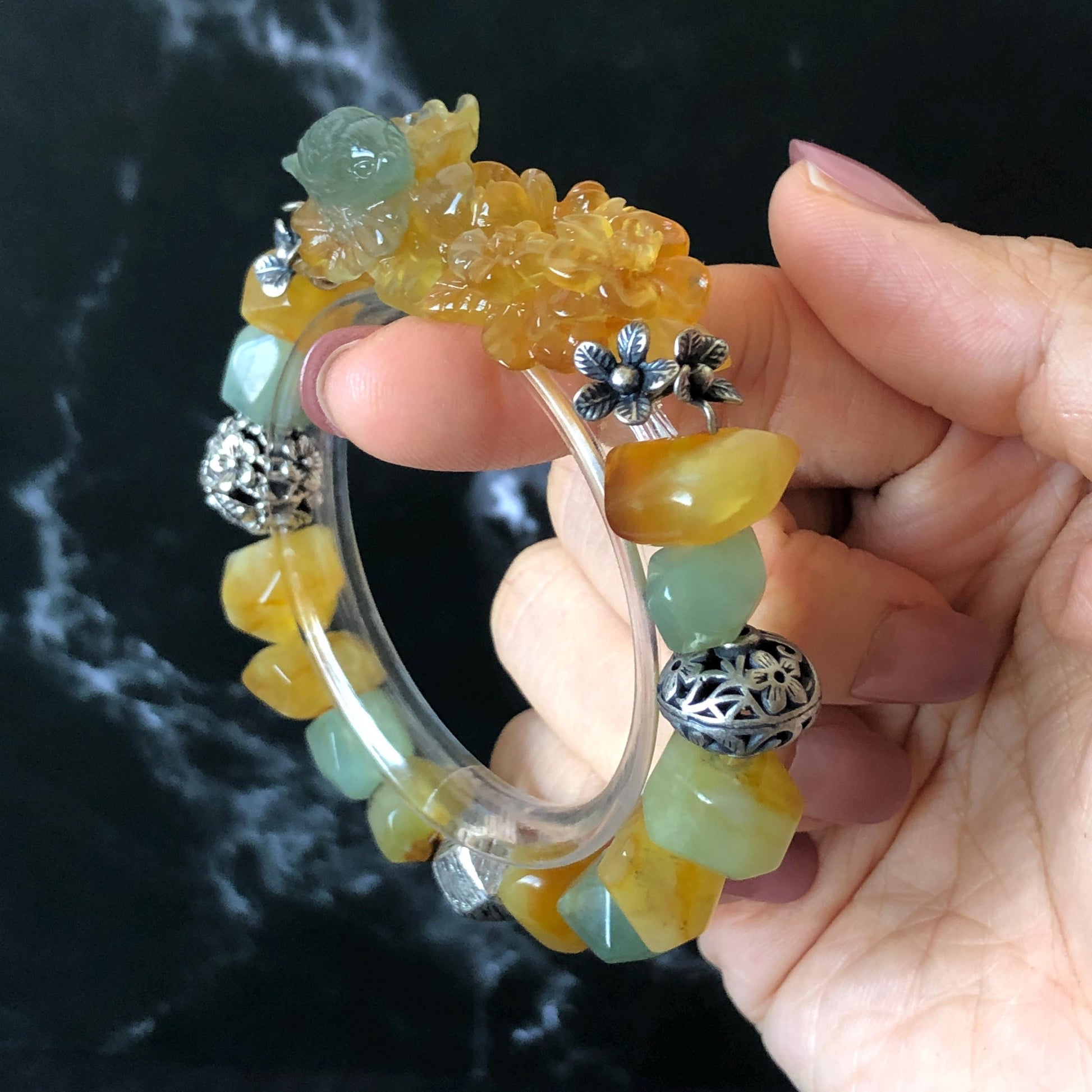 Natural Xiu Jade Serpentine Hand Carved Bird & Flower Charm with Irregular Bead Bracelet: Greenish Blue and Yellow Jade with Vintage Tibetan Silver Accessory| Crystal Stone Gemstone Gift for her Blue Jade Carving Green Jade Bracelet Yellow Jade Jewelry diy bracelet  natural untreated jade carved flower charm engraved blue bird charm big bead Chunky Bead Bracelet elastic stretch bracelet 3D stone carving personalized bracelet personalised gift customized bracelet tailor made bird lover gift