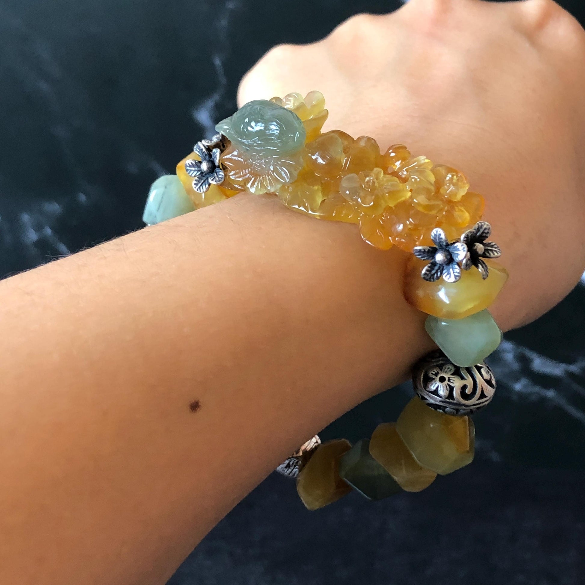 Natural Xiu Jade Serpentine Hand Carved Bird & Flower Charm with Irregular Bead Bracelet: Greenish Blue and Yellow Jade with Vintage Tibetan Silver Accessory| Crystal Stone Gemstone Gift for her Blue Jade Carving Green Jade Bracelet Yellow Jade Jewelry diy bracelet  natural untreated jade carved flower charm engraved blue bird charm big bead Chunky Bead Bracelet elastic stretch bracelet 3D stone carving personalized bracelet personalised gift customized bracelet tailor made bird lover gift