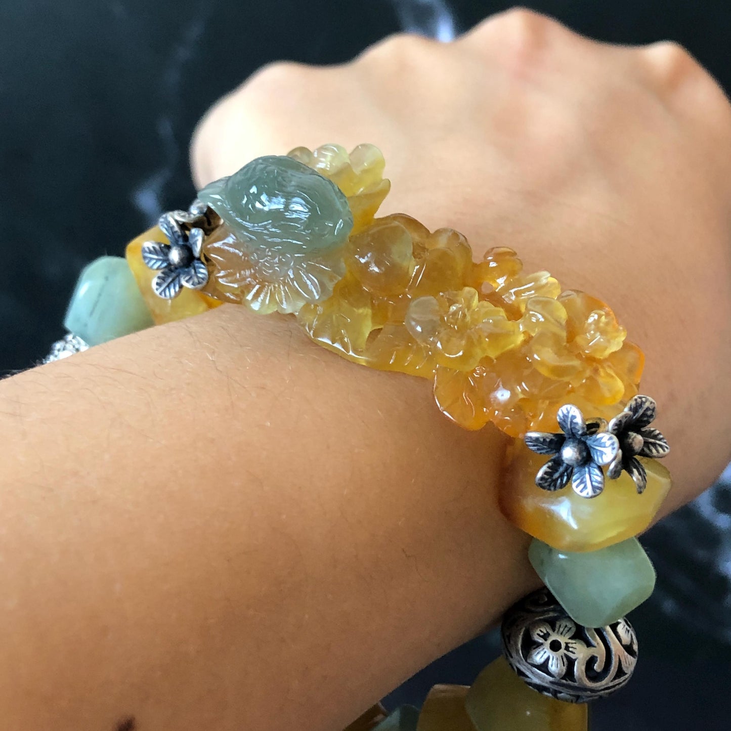 Natural Xiu Jade Serpentine Hand Carved Bird & Flower Charm with Irregular Bead Bracelet: Greenish Blue and Yellow Jade with Vintage Tibetan Silver Accessory| Crystal Stone Gemstone Gift for her Blue Jade Carving Green Jade Bracelet Yellow Jade Jewelry diy bracelet  natural untreated jade carved flower charm engraved blue bird charm big bead Chunky Bead Bracelet elastic stretch bracelet 3D stone carving personalized bracelet personalised gift customized bracelet tailor made bird lover gift