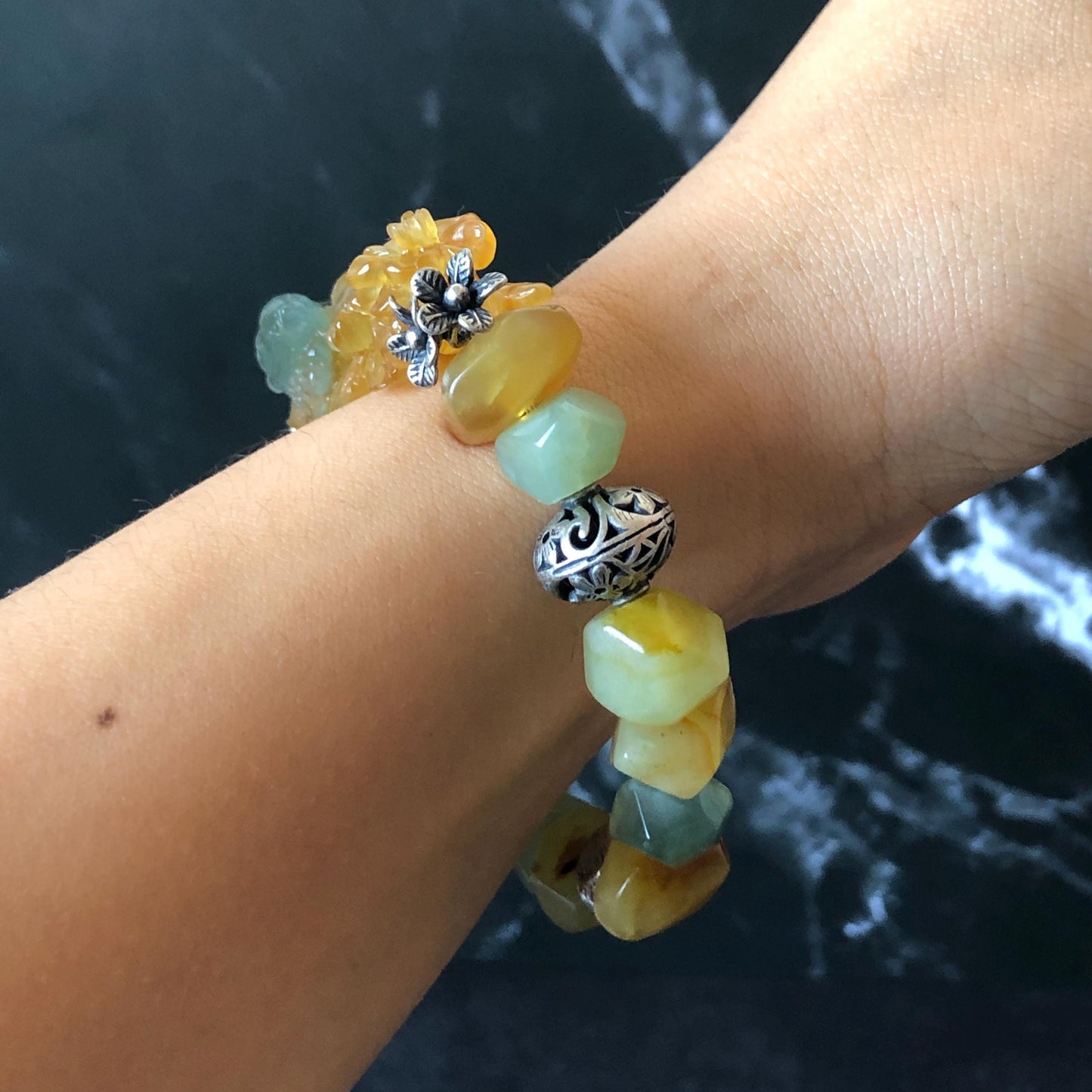 Natural Xiu Jade Serpentine Hand Carved Bird & Flower Charm with Irregular Bead Bracelet: Greenish Blue and Yellow Jade with Vintage Tibetan Silver Accessory| Crystal Stone Gemstone Gift for her Blue Jade Carving Green Jade Bracelet Yellow Jade Jewelry diy bracelet  natural untreated jade carved flower charm engraved blue bird charm big bead Chunky Bead Bracelet elastic stretch bracelet 3D stone carving personalized bracelet personalised gift customized bracelet tailor made bird lover gift