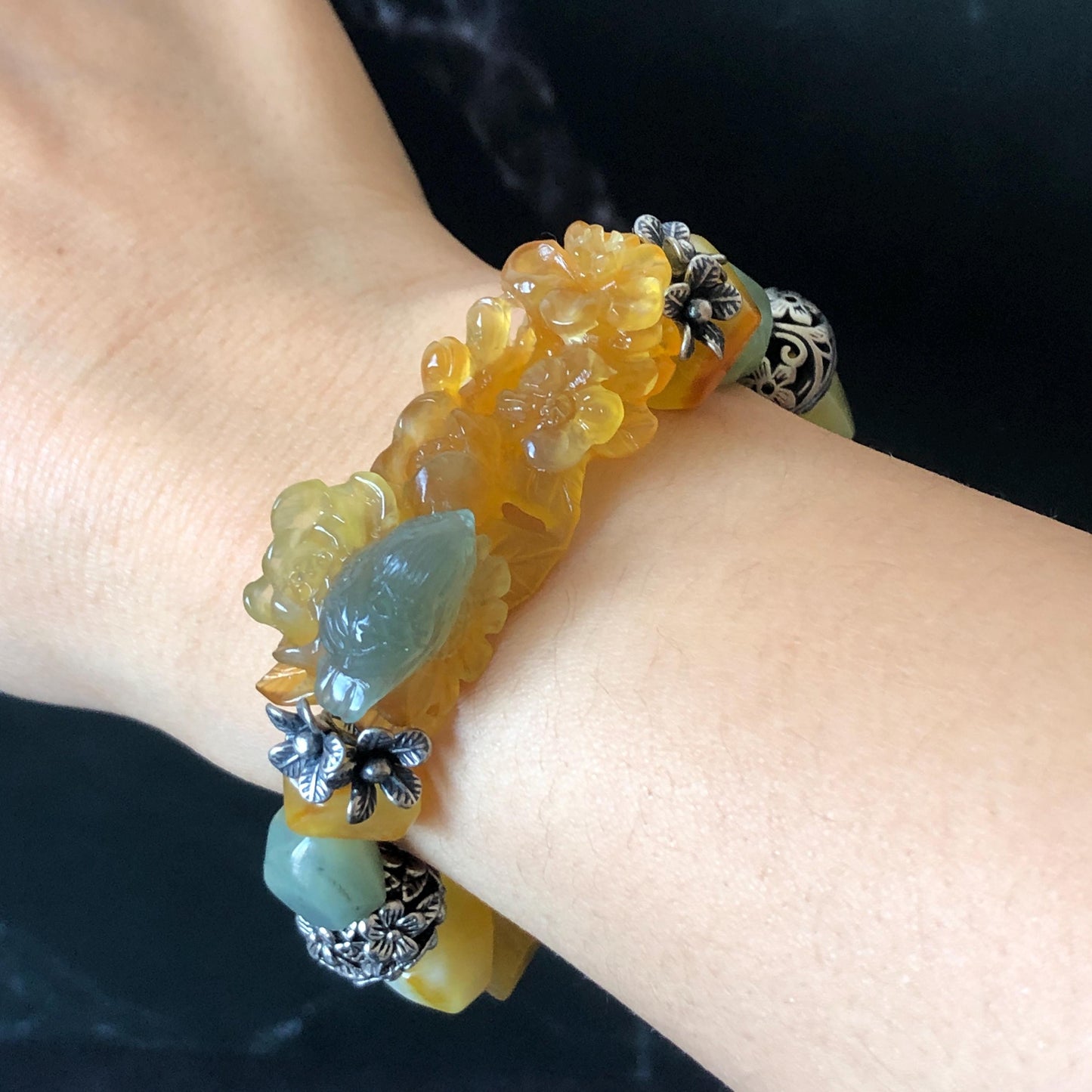 Natural Xiu Jade Serpentine Hand Carved Bird & Flower Charm with Irregular Bead Bracelet: Greenish Blue and Yellow Jade with Vintage Tibetan Silver Accessory| Crystal Stone Gemstone Gift for her Blue Jade Carving Green Jade Bracelet Yellow Jade Jewelry diy bracelet  natural untreated jade carved flower charm engraved blue bird charm big bead Chunky Bead Bracelet elastic stretch bracelet 3D stone carving personalized bracelet personalised gift customized bracelet tailor made bird lover gift