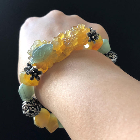 Natural Xiu Jade Serpentine Hand Carved Bird & Flower Charm with Irregular Bead Bracelet: Greenish Blue and Yellow Jade with Vintage Tibetan Silver Accessory| Crystal Stone Gemstone Gift for her Blue Jade Carving Green Jade Bracelet Yellow Jade Jewelry diy bracelet  natural untreated jade carved flower charm engraved blue bird charm big bead Chunky Bead Bracelet elastic stretch bracelet 3D stone carving personalized bracelet personalised gift customized bracelet tailor made bird lover gift