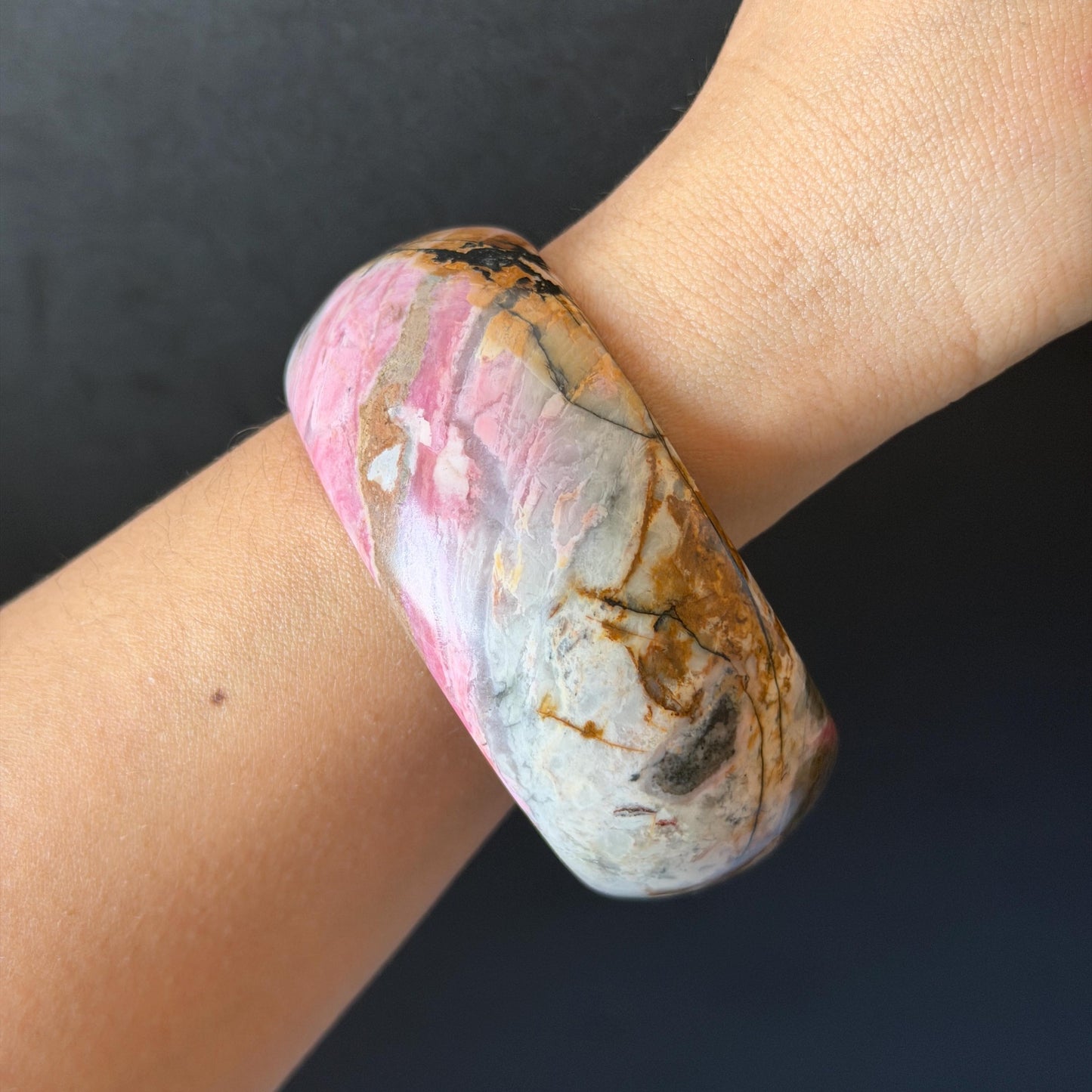 60.3mm Rhodonite Stone Crystal Bangle: Golden Plum Blossom Scenery Bracelet | Golden Maple | Natural Gold Yellow & Baby Pink | Heart Chakra Healing Stone Gift for her rhodonite bangle pink rhodonite bracelet pink crystal bracelet pink stone bangle pink gemstone bracelet golden crystal wide bangle healing crystal love stone meditative crystal heart chakra crystal vintage bangle gemstone bangle dragon bangle dragon bracelet brown bangle flower crystal flower lover gift women bangle