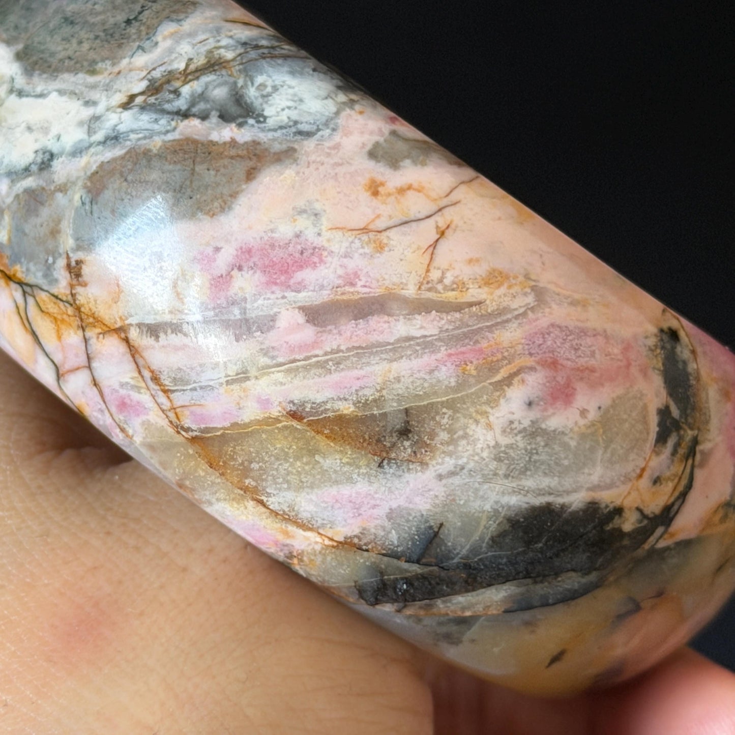 60.3mm Rhodonite Stone Crystal Bangle: Golden Plum Blossom Scenery Bracelet | Golden Maple | Natural Gold Yellow & Baby Pink | Heart Chakra Healing Stone Gift for her rhodonite bangle pink rhodonite bracelet pink crystal bracelet pink stone bangle pink gemstone bracelet golden crystal wide bangle healing crystal love stone meditative crystal heart chakra crystal vintage bangle gemstone bangle dragon bangle dragon bracelet brown bangle flower crystal flower lover gift women bangle