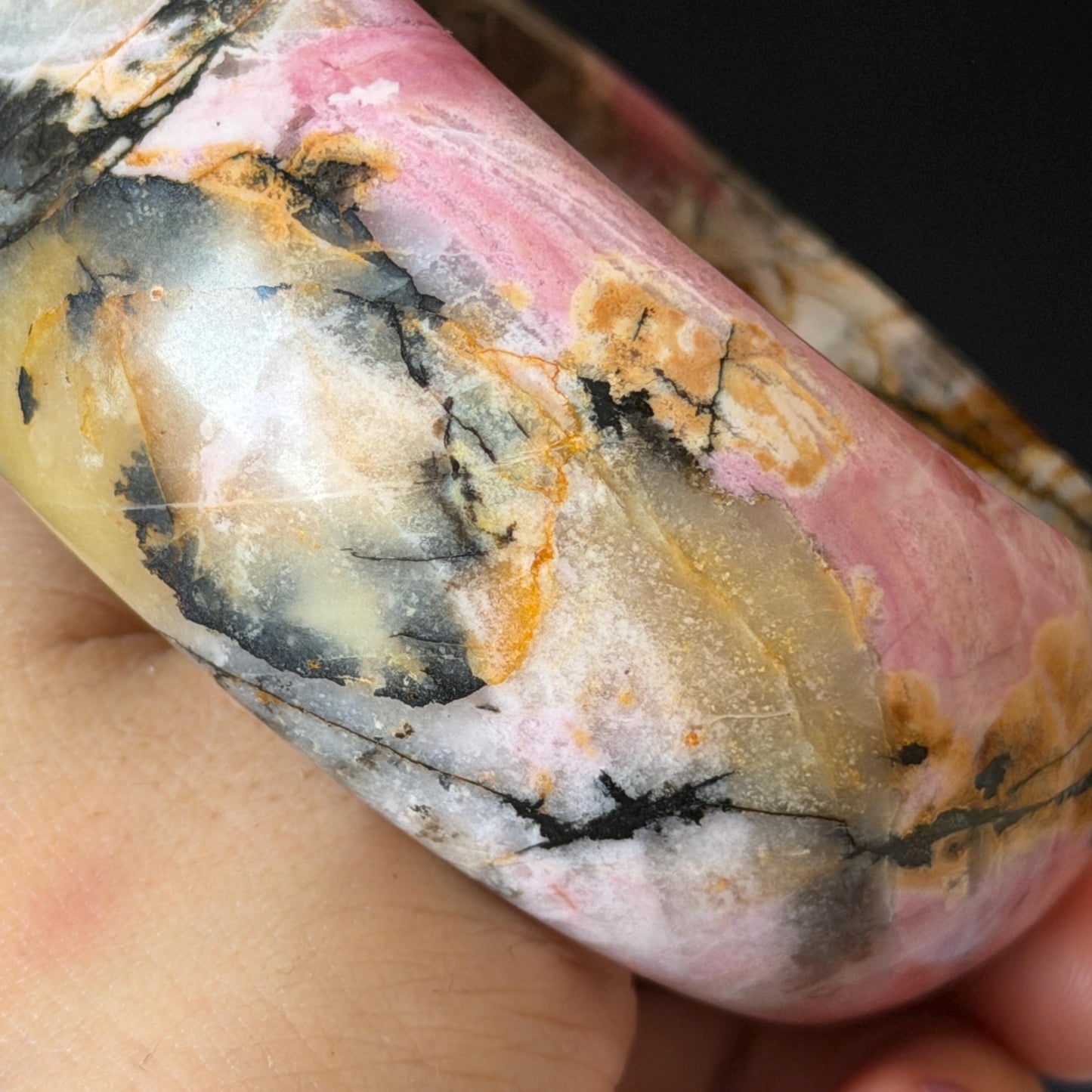 60.3mm Rhodonite Stone Crystal Bangle: Golden Plum Blossom Scenery Bracelet | Golden Maple | Natural Gold Yellow & Baby Pink | Heart Chakra Healing Stone Gift for her rhodonite bangle pink rhodonite bracelet pink crystal bracelet pink stone bangle pink gemstone bracelet golden crystal wide bangle healing crystal love stone meditative crystal heart chakra crystal vintage bangle gemstone bangle dragon bangle dragon bracelet brown bangle flower crystal flower lover gift women bangle