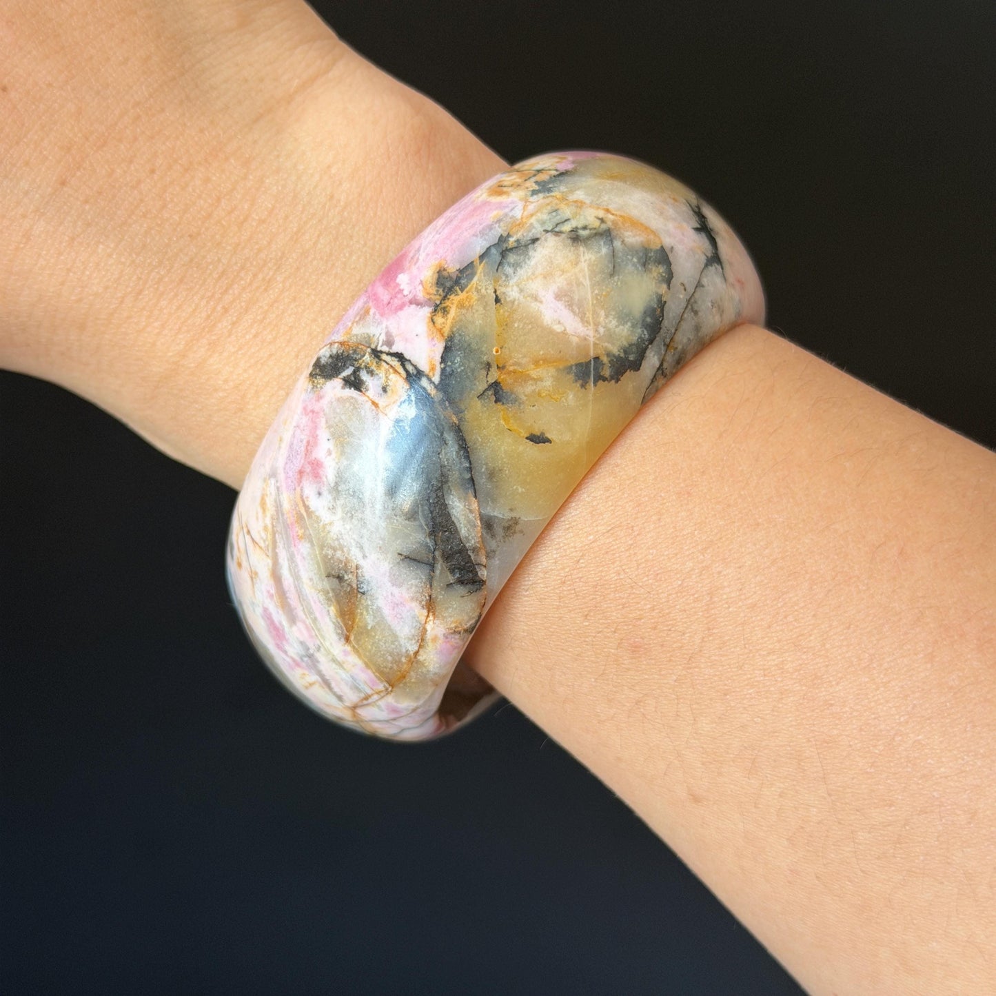 60.3mm Rhodonite Stone Crystal Bangle: Golden Plum Blossom Scenery Bracelet | Golden Maple | Natural Gold Yellow & Baby Pink | Heart Chakra Healing Stone Gift for her rhodonite bangle pink rhodonite bracelet pink crystal bracelet pink stone bangle pink gemstone bracelet golden crystal wide bangle healing crystal love stone meditative crystal heart chakra crystal vintage bangle gemstone bangle dragon bangle dragon bracelet brown bangle flower crystal flower lover gift women bangle