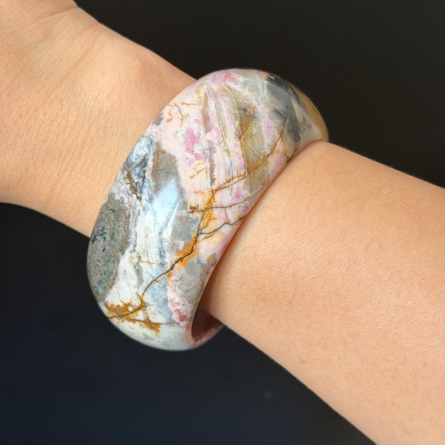 60.3mm Rhodonite Stone Crystal Bangle: Golden Plum Blossom Scenery Bracelet | Golden Maple | Natural Gold Yellow & Baby Pink | Heart Chakra Healing Stone Gift for her rhodonite bangle pink rhodonite bracelet pink crystal bracelet pink stone bangle pink gemstone bracelet golden crystal wide bangle healing crystal love stone meditative crystal heart chakra crystal vintage bangle gemstone bangle dragon bangle dragon bracelet brown bangle flower crystal flower lover gift women bangle