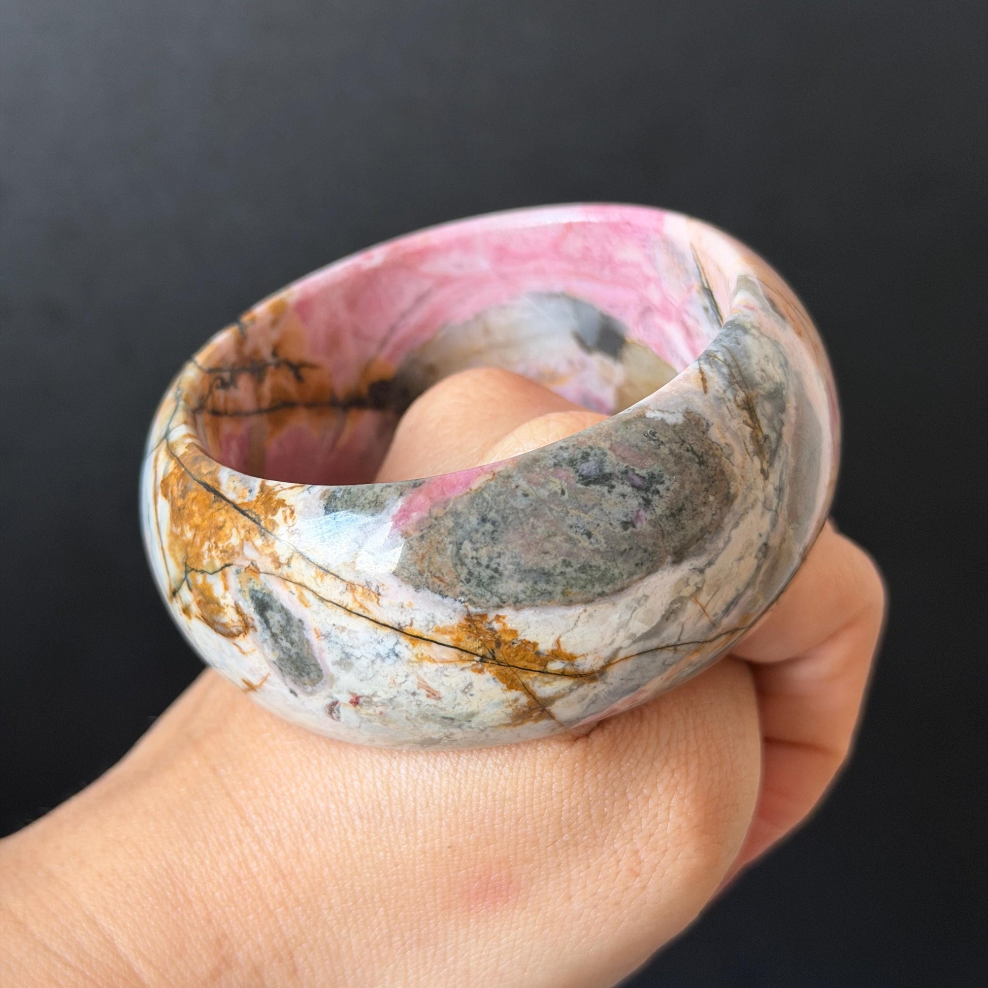 60.3mm Rhodonite Stone Crystal Bangle: Golden Plum Blossom Scenery Bracelet | Gold Maple | Natural Gold Yellow & Baby Pink Healing Stone