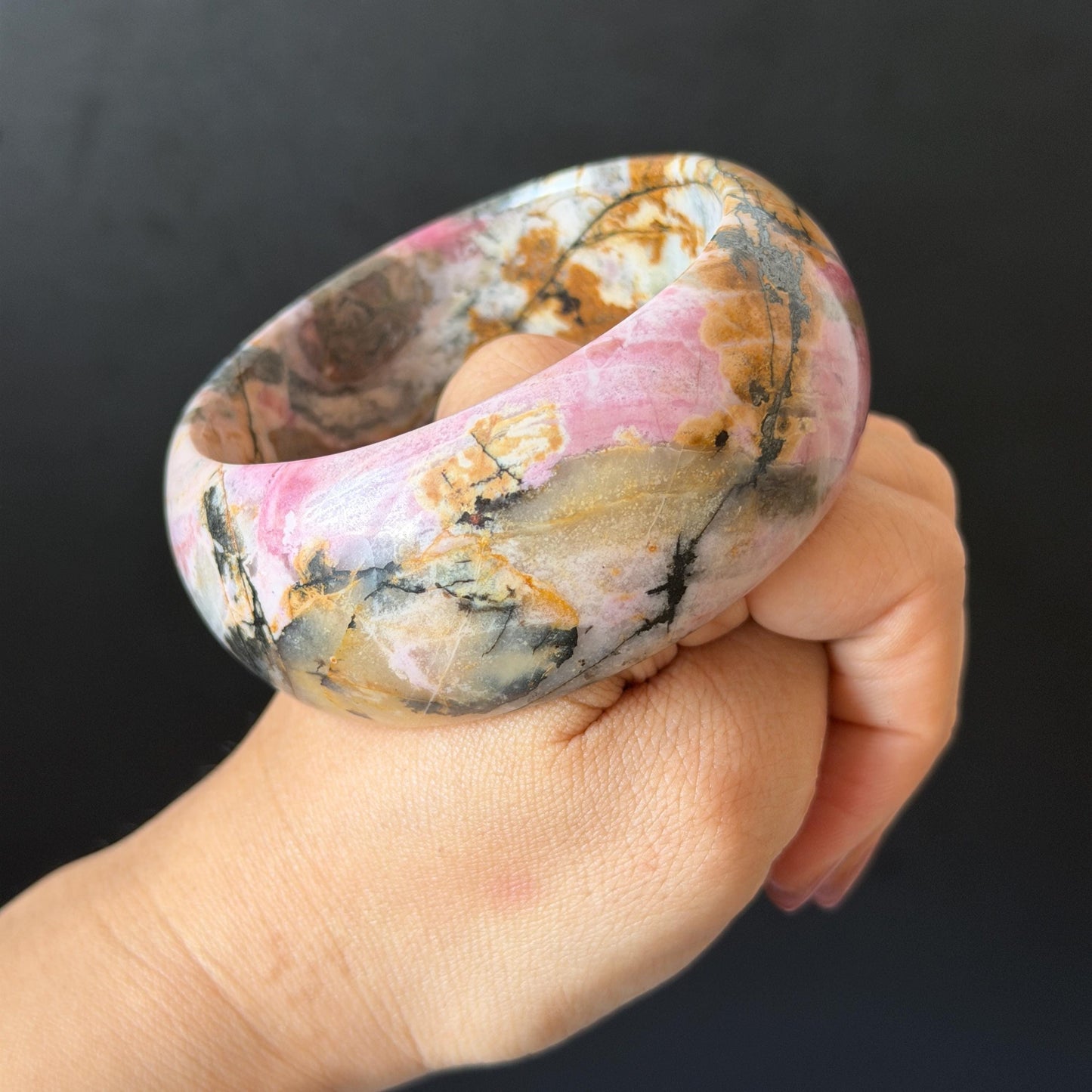 60.3mm Rhodonite Stone Crystal Bangle: Golden Plum Blossom Scenery Bracelet | Gold Maple | Natural Gold Yellow & Baby Pink Healing Stone