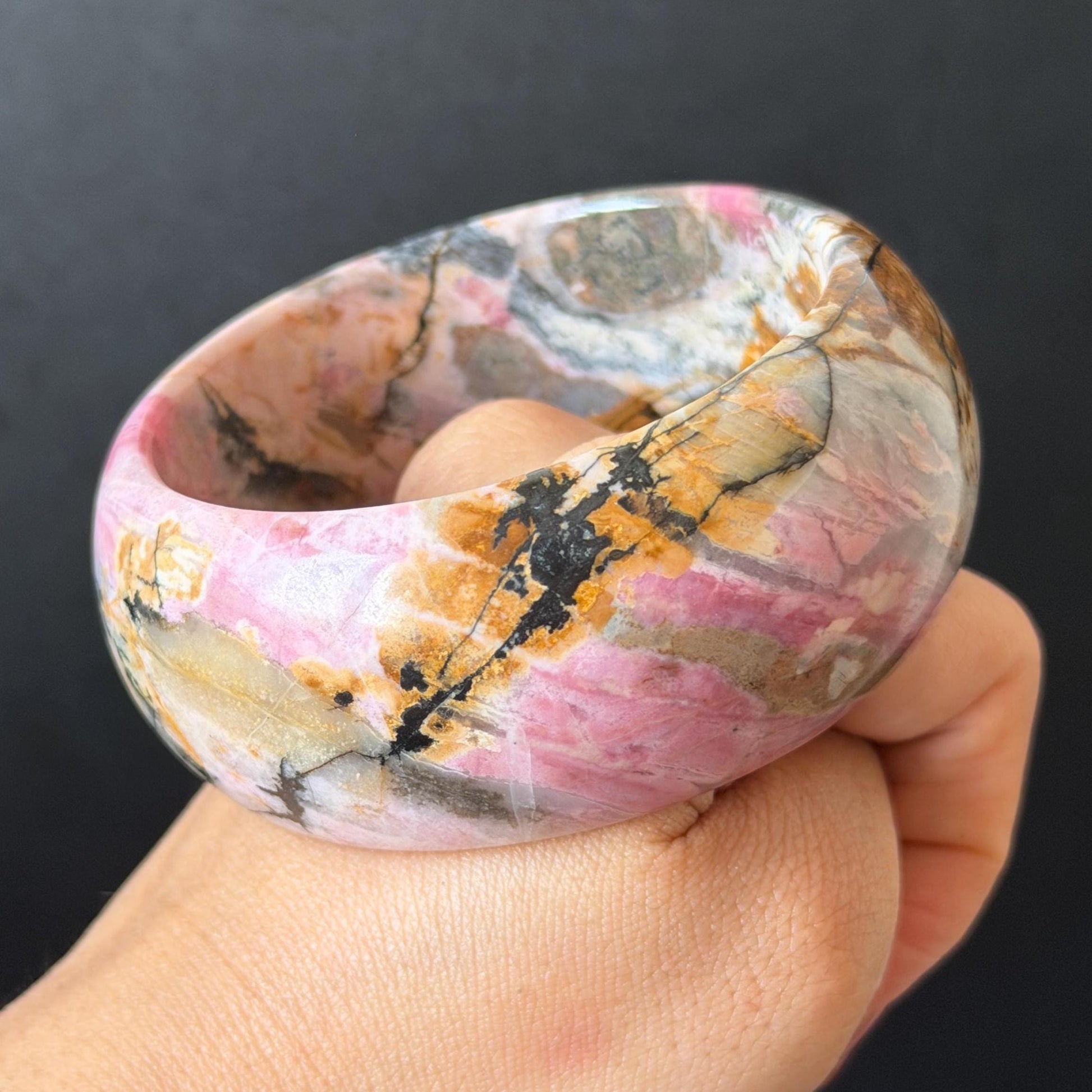 60.3mm Rhodonite Stone Crystal Bangle: Golden Plum Blossom Scenery Bracelet | Gold Maple | Natural Gold Yellow & Baby Pink Healing Stone
