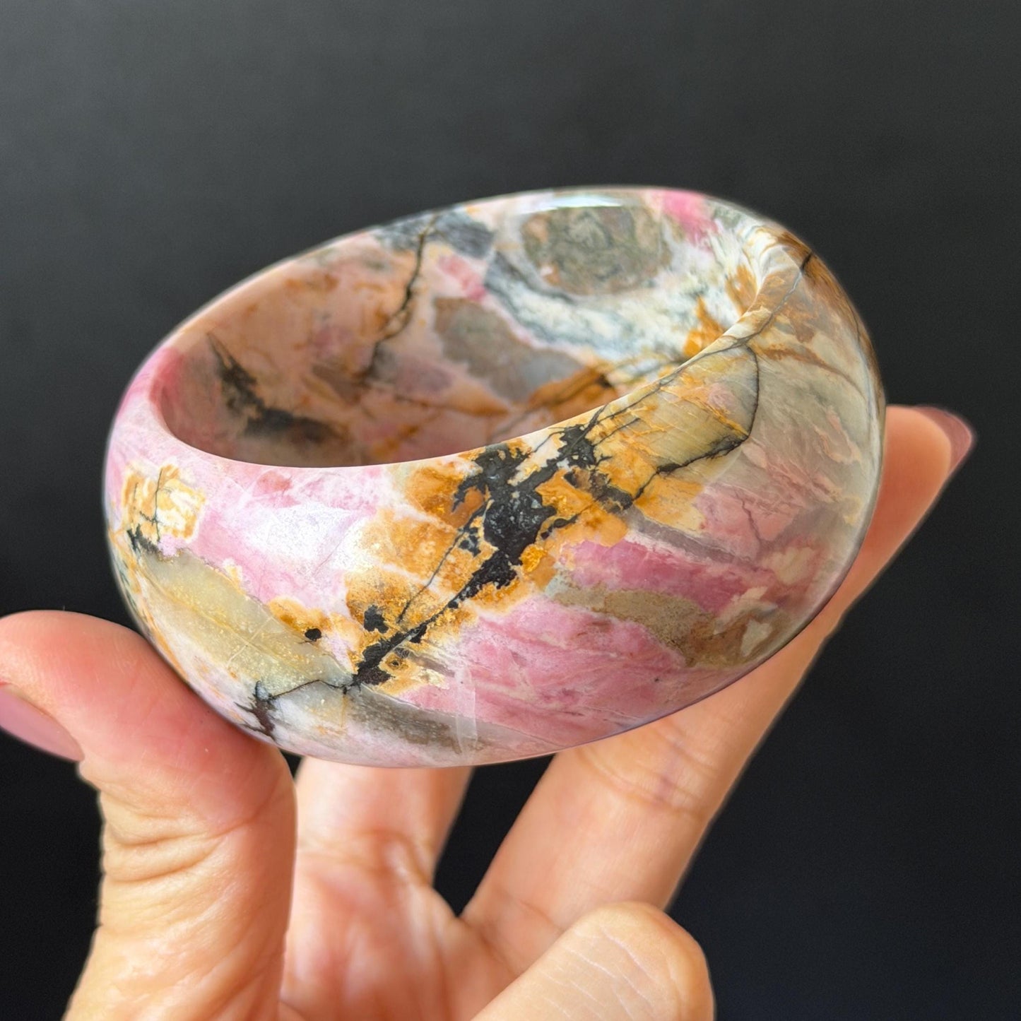60.3mm Rhodonite Stone Crystal Bangle: Golden Plum Blossom Scenery Bracelet | Golden Maple | Natural Gold Yellow & Baby Pink | Heart Chakra Healing Stone Gift for her rhodonite bangle pink rhodonite bracelet pink crystal bracelet pink stone bangle pink gemstone bracelet golden crystal wide bangle healing crystal love stone meditative crystal heart chakra crystal vintage bangle gemstone bangle dragon bangle dragon bracelet brown bangle flower crystal flower lover gift women bangle