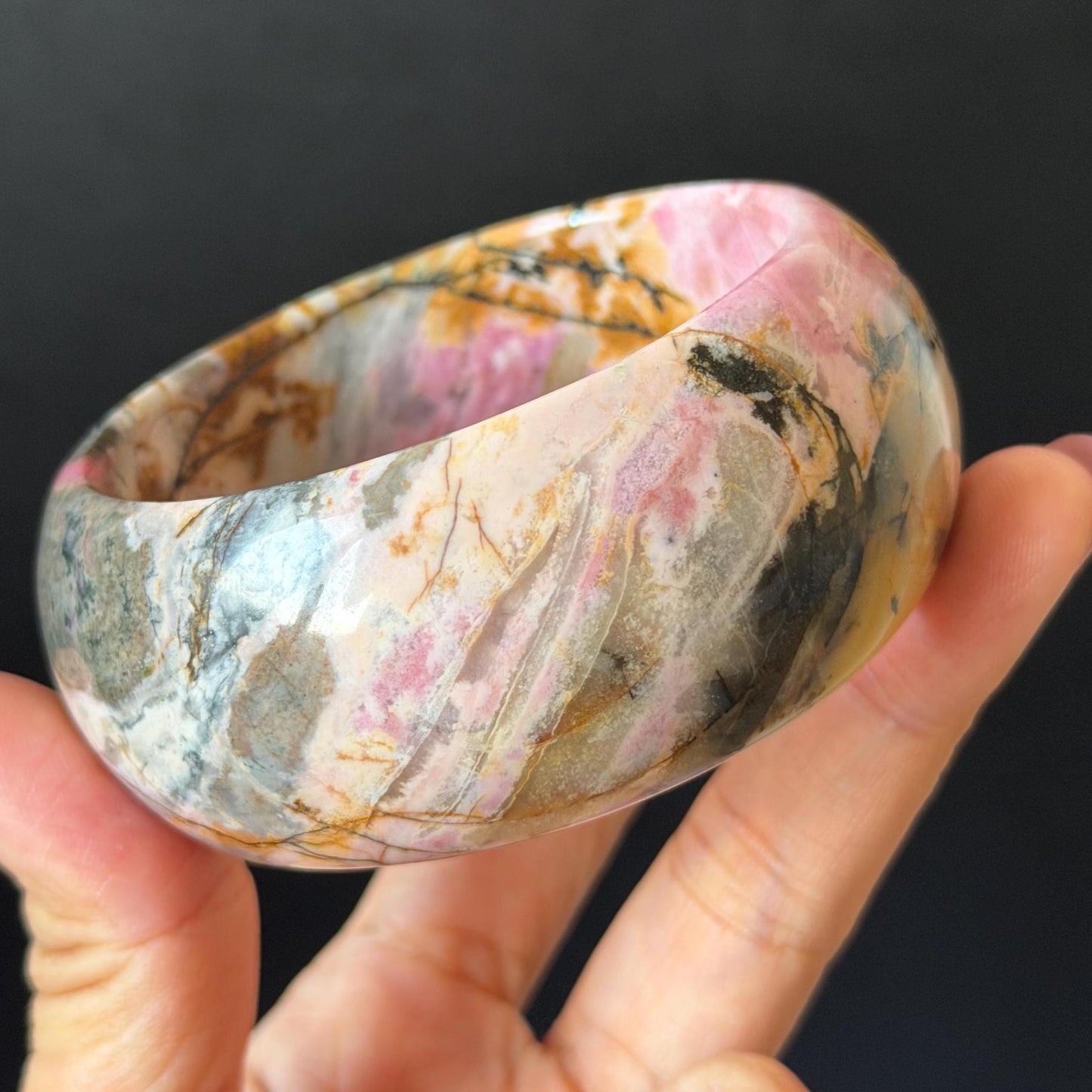 60.3mm Rhodonite Stone Crystal Bangle: Golden Plum Blossom Scenery Bracelet | Golden Maple | Natural Gold Yellow & Baby Pink | Heart Chakra Healing Stone Gift for her rhodonite bangle pink rhodonite bracelet pink crystal bracelet pink stone bangle pink gemstone bracelet golden crystal wide bangle healing crystal love stone meditative crystal heart chakra crystal vintage bangle gemstone bangle dragon bangle dragon bracelet brown bangle flower crystal flower lover gift women bangle