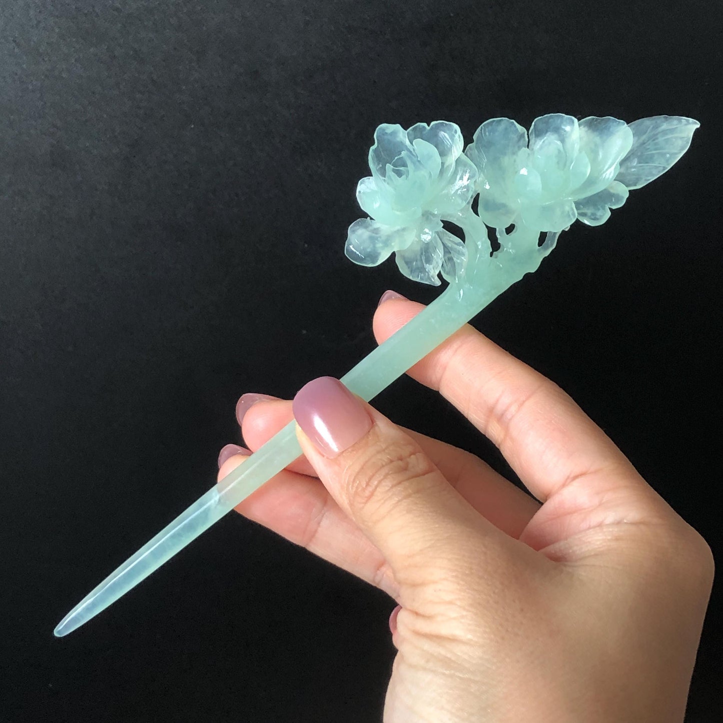 Certified Xiu Jade Serpentine Hand Carved Blue Camellia Flower Hair Pin: Natural Blue Jade Hair Stick for Wedding Headpiece Hair accessories gift for her blue jade carving hand engraved camellia flower hair fork hand carved flower hair comb Asian chinese hairpins hanfu hair stick korean hairpins japanese hair clip bridal shower hair clip natural untreated jade with certificate camellia carving chinese jade hair stick