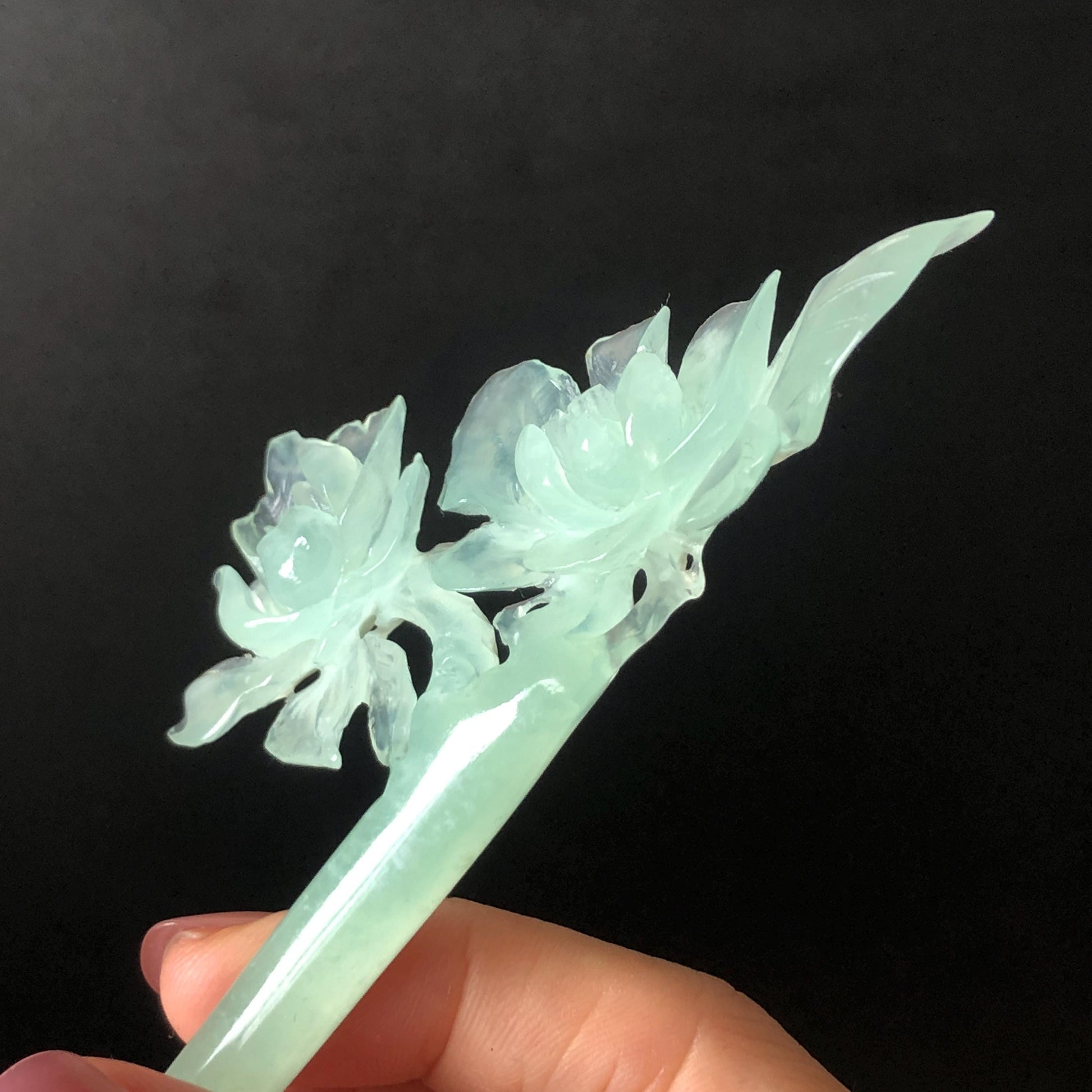 Certified Xiu Jade Serpentine Hand Carved Blue Camellia Flower Hair Pin: Natural Blue Jade Hair Stick for Wedding Headpiece Hair accessories gift for her blue jade carving hand engraved camellia flower hair fork hand carved flower hair comb Asian chinese hairpins hanfu hair stick korean hairpins japanese hair clip bridal shower hair clip natural untreated jade with certificate camellia carving chinese jade hair stick