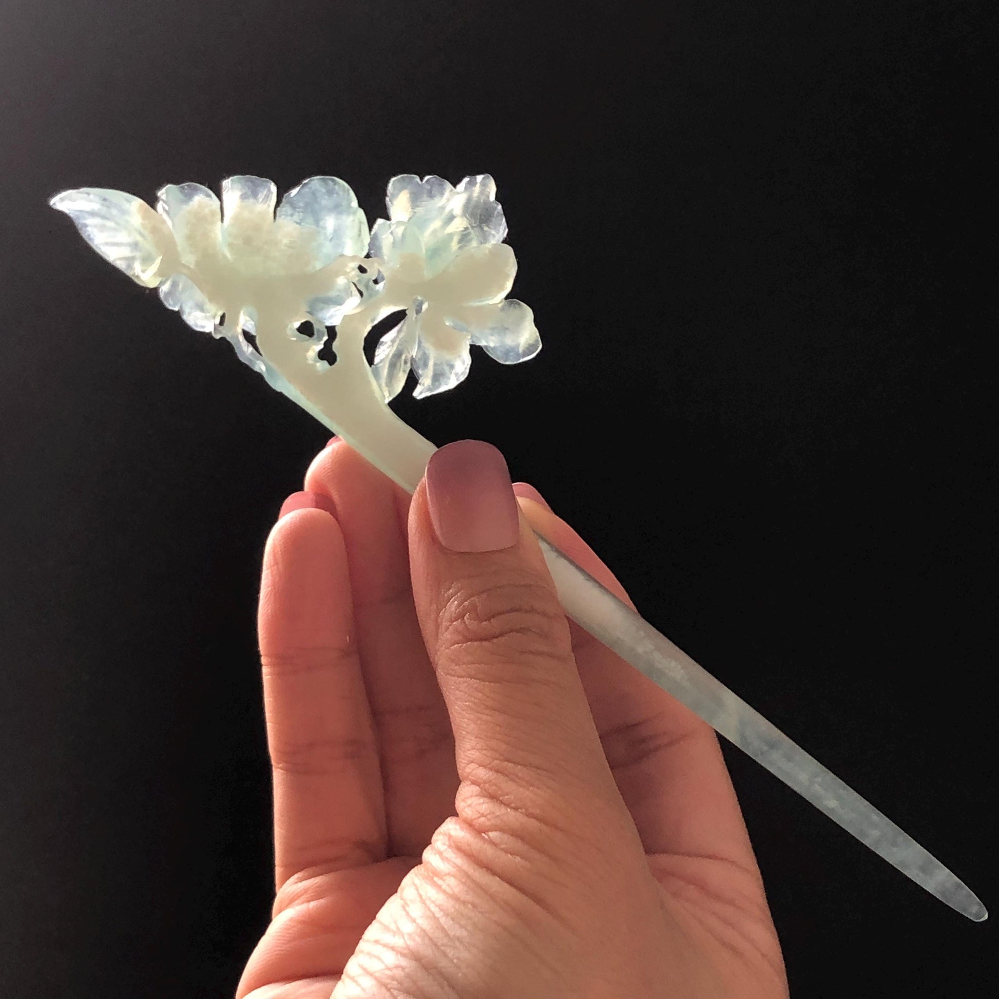 Certified Xiu Jade Serpentine Hand Carved Blue Camellia Flower Hair Pin: Natural Blue Jade Hair Stick for Wedding Headpiece Hair accessories gift for her blue jade carving hand engraved camellia flower hair fork hand carved flower hair comb Asian chinese hairpins hanfu hair stick korean hairpins japanese hair clip bridal shower hair clip natural untreated jade with certificate camellia carving chinese jade hair stick