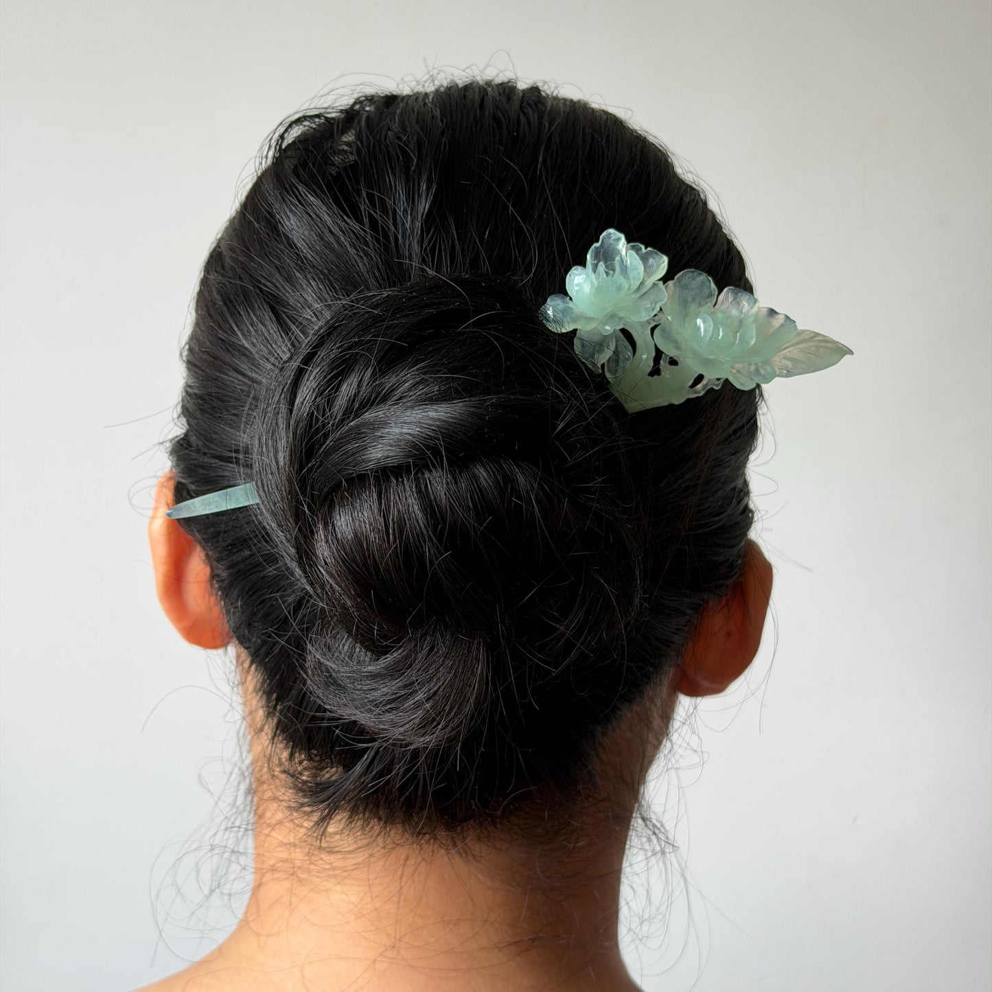 Certified Xiu Jade Serpentine Hand Carved Blue Camellia Flower Hair Pin: Natural Blue Jade Hair Stick for Wedding Headpiece Hair accessories gift for her blue jade carving hand engraved camellia flower hair fork hand carved flower hair comb Asian chinese hairpins hanfu hair stick korean hairpins japanese hair clip bridal shower hair clip natural untreated jade with certificate camellia carving chinese jade hair stick