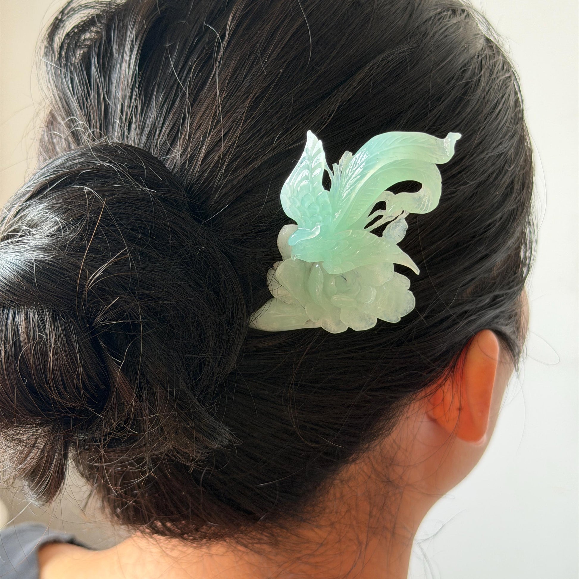 Xiu Jade Serpentine Hand Carved Blue Longevity Bird & Peony Hair Pin: Natural Certified Frosty Blue Jade Hanfu Hair Stick 3D Stone Carving Hair Jewelry  for Wedding Headpiece Hair accessories gift for her blue jade carving hand engraved peony flower hair fork hand carved flower hair comb Asian chinese hairpins hanfu hair stick korean hairpins japanese hair clip bridal shower hair clip natural untreated jade with certificate peony carving chinese jade hair stick bird carving bird lover gift