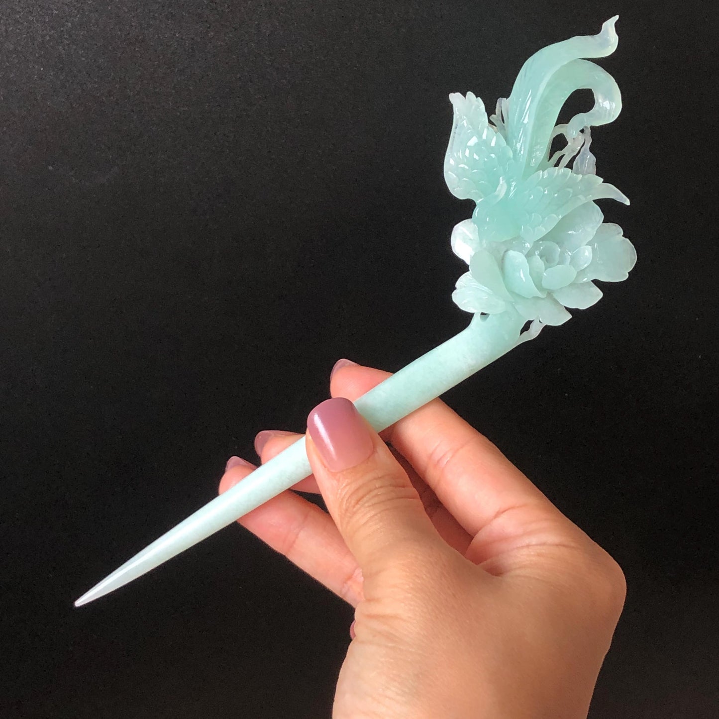 Xiu Jade Serpentine Hand Carved Blue Longevity Bird & Peony Hair Pin: Natural Certified Frosty Blue Jade Hanfu Hair Stick 3D Stone Carving Hair Jewelry  for Wedding Headpiece Hair accessories gift for her blue jade carving hand engraved peony flower hair fork hand carved flower hair comb Asian chinese hairpins hanfu hair stick korean hairpins japanese hair clip bridal shower hair clip natural untreated jade with certificate peony carving chinese jade hair stick bird carving bird lover gift