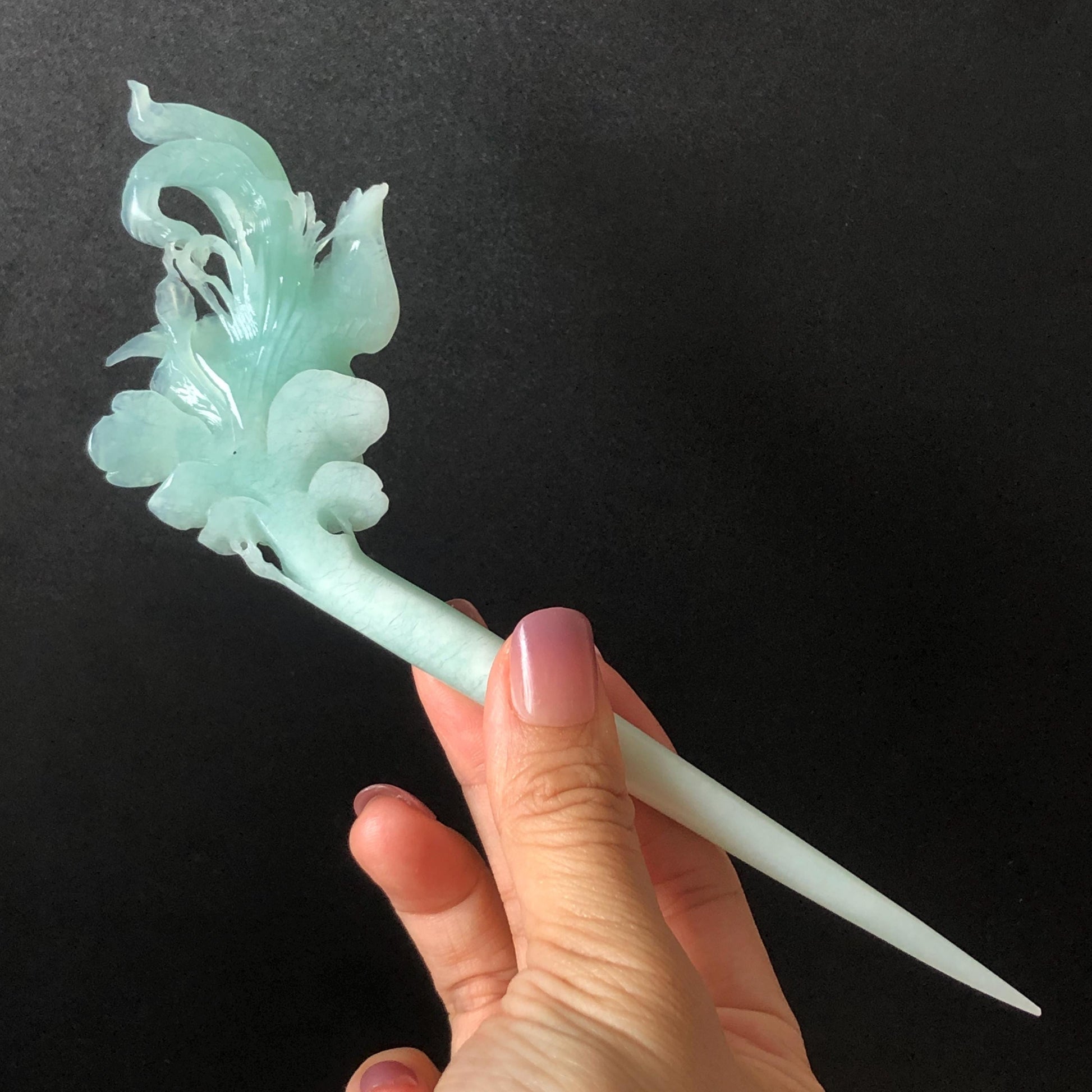 Xiu Jade Serpentine Hand Carved Blue Longevity Bird & Peony Hair Pin: Natural Certified Frosty Blue Jade Hanfu Hair Stick 3D Stone Carving Hair Jewelry  for Wedding Headpiece Hair accessories gift for her blue jade carving hand engraved peony flower hair fork hand carved flower hair comb Asian chinese hairpins hanfu hair stick korean hairpins japanese hair clip bridal shower hair clip natural untreated jade with certificate peony carving chinese jade hair stick bird carving bird lover gift