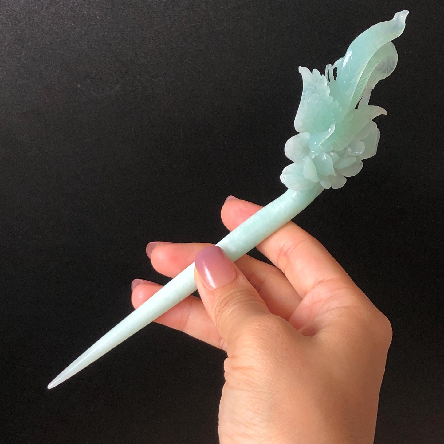 Xiu Jade Serpentine Hand Carved Blue Longevity Bird & Peony Hair Pin: Natural Certified Frosty Blue Jade Hanfu Hair Stick 3D Stone Carving Hair Jewelry  for Wedding Headpiece Hair accessories gift for her blue jade carving hand engraved peony flower hair fork hand carved flower hair comb Asian chinese hairpins hanfu hair stick korean hairpins japanese hair clip bridal shower hair clip natural untreated jade with certificate peony carving chinese jade hair stick bird carving bird lover gift