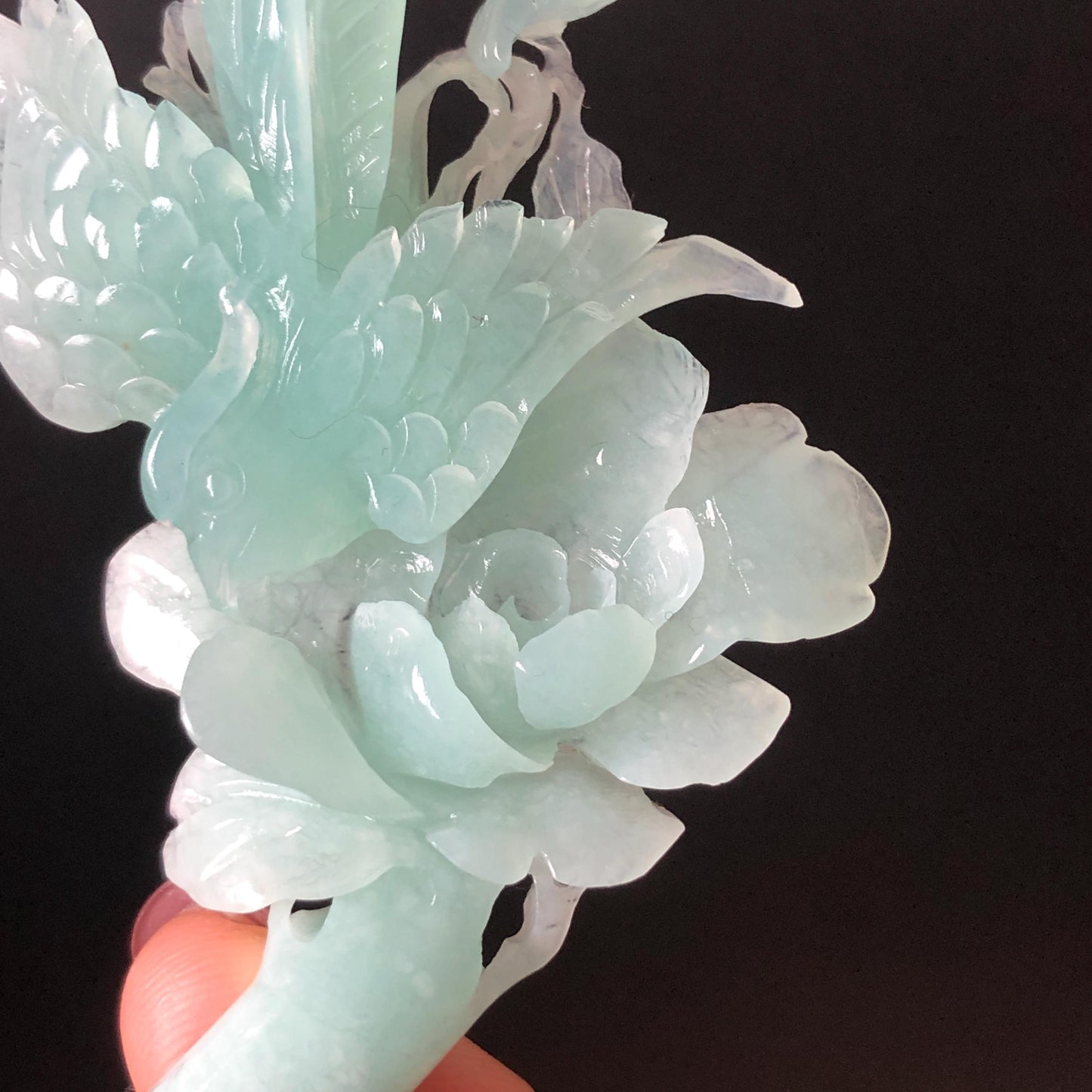 Xiu Jade Serpentine Hand Carved Blue Longevity Bird & Peony Hair Pin: Natural Certified Frosty Blue Jade Hanfu Hair Stick 3D Stone Carving Hair Jewelry  for Wedding Headpiece Hair accessories gift for her blue jade carving hand engraved peony flower hair fork hand carved flower hair comb Asian chinese hairpins hanfu hair stick korean hairpins japanese hair clip bridal shower hair clip natural untreated jade with certificate peony carving chinese jade hair stick bird carving bird lover gift