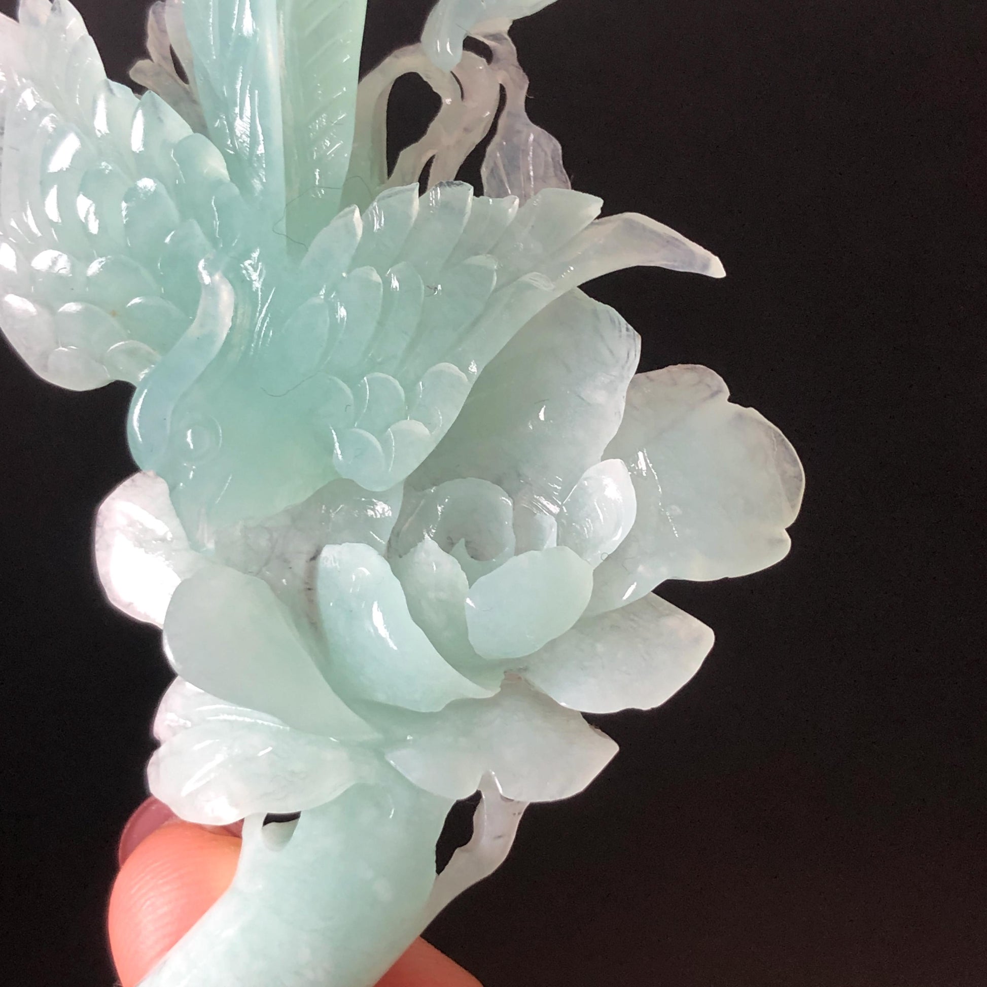 Xiu Jade Serpentine Hand Carved Blue Longevity Bird & Peony Hair Pin: Natural Certified Frosty Blue Jade Hanfu Hair Stick 3D Stone Carving Hair Jewelry  for Wedding Headpiece Hair accessories gift for her blue jade carving hand engraved peony flower hair fork hand carved flower hair comb Asian chinese hairpins hanfu hair stick korean hairpins japanese hair clip bridal shower hair clip natural untreated jade with certificate peony carving chinese jade hair stick bird carving bird lover gift