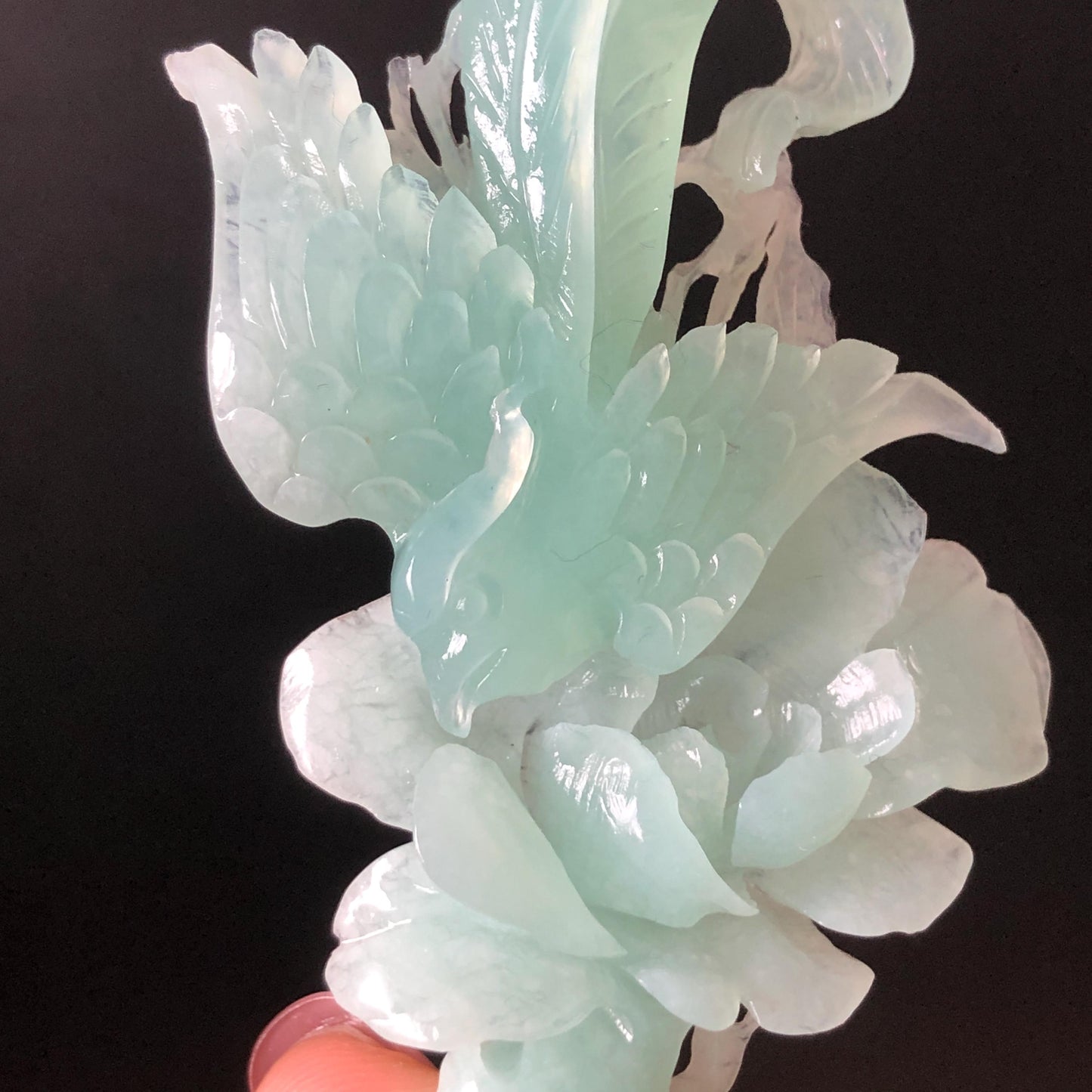Xiu Jade Serpentine Hand Carved Blue Longevity Bird & Peony Hair Pin: Natural Certified Frosty Blue Jade Hanfu Hair Stick 3D Stone Carving Hair Jewelry  for Wedding Headpiece Hair accessories gift for her blue jade carving hand engraved peony flower hair fork hand carved flower hair comb Asian chinese hairpins hanfu hair stick korean hairpins japanese hair clip bridal shower hair clip natural untreated jade with certificate peony carving chinese jade hair stick bird carving bird lover gift