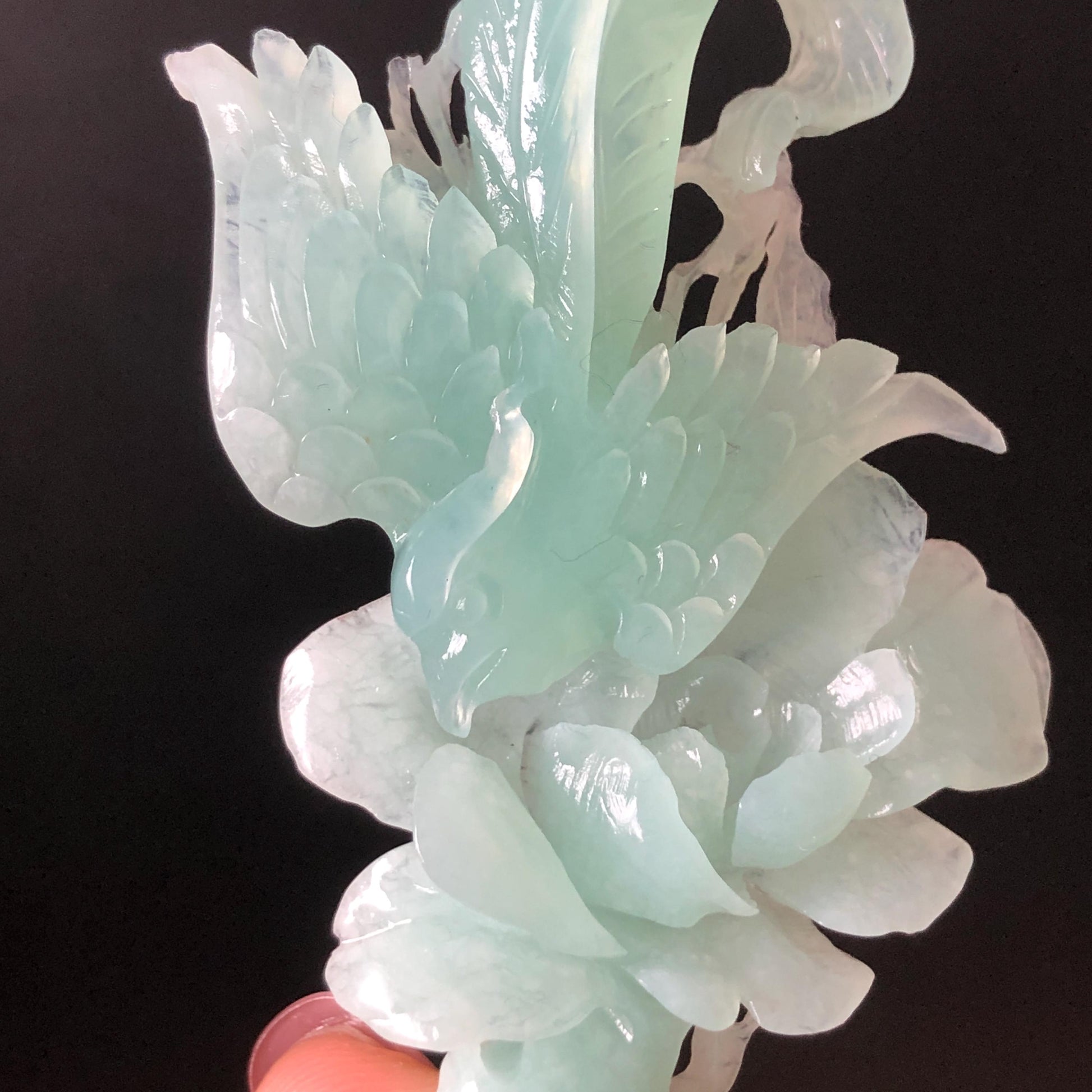 Xiu Jade Serpentine Hand Carved Blue Longevity Bird & Peony Hair Pin: Natural Certified Frosty Blue Jade Hanfu Hair Stick 3D Stone Carving Hair Jewelry  for Wedding Headpiece Hair accessories gift for her blue jade carving hand engraved peony flower hair fork hand carved flower hair comb Asian chinese hairpins hanfu hair stick korean hairpins japanese hair clip bridal shower hair clip natural untreated jade with certificate peony carving chinese jade hair stick bird carving bird lover gift