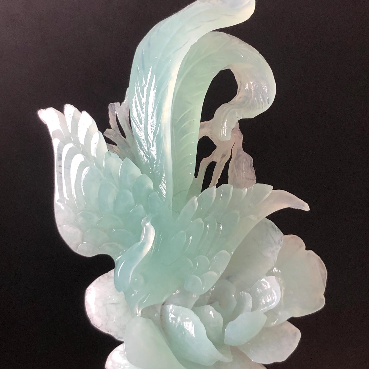 Xiu Jade Serpentine Hand Carved Blue Longevity Bird & Peony Hair Pin: Natural Certified Frosty Blue Jade Hanfu Hair Stick 3D Stone Carving Hair Jewelry  for Wedding Headpiece Hair accessories gift for her blue jade carving hand engraved peony flower hair fork hand carved flower hair comb Asian chinese hairpins hanfu hair stick korean hairpins japanese hair clip bridal shower hair clip natural untreated jade with certificate peony carving chinese jade hair stick bird carving bird lover gift