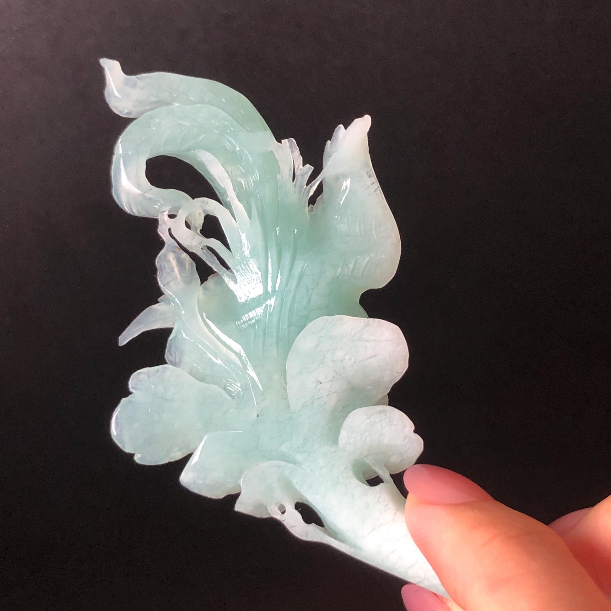 Xiu Jade Serpentine Hand Carved Blue Longevity Bird & Peony Hair Pin: Natural Certified Frosty Blue Jade Hanfu Hair Stick 3D Stone Carving Hair Jewelry  for Wedding Headpiece Hair accessories gift for her blue jade carving hand engraved peony flower hair fork hand carved flower hair comb Asian chinese hairpins hanfu hair stick korean hairpins japanese hair clip bridal shower hair clip natural untreated jade with certificate peony carving chinese jade hair stick bird carving bird lover gift