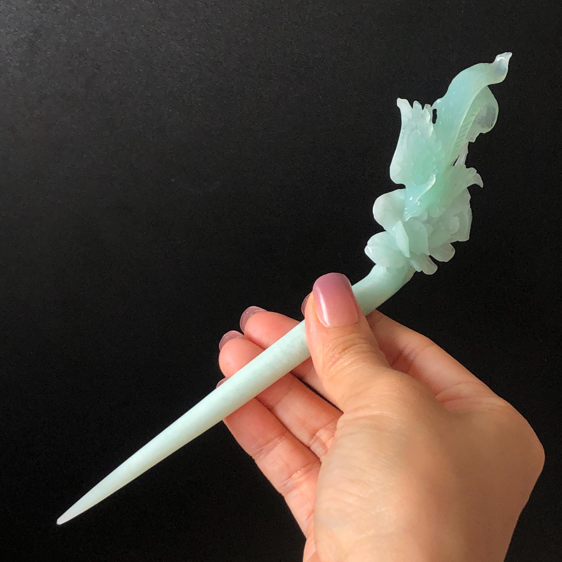 Xiu Jade Serpentine Hand Carved Blue Longevity Bird & Peony Hair Pin: Natural Certified Frosty Blue Jade Hanfu Hair Stick 3D Stone Carving Hair Jewelry  for Wedding Headpiece Hair accessories gift for her blue jade carving hand engraved peony flower hair fork hand carved flower hair comb Asian chinese hairpins hanfu hair stick korean hairpins japanese hair clip bridal shower hair clip natural untreated jade with certificate peony carving chinese jade hair stick bird carving bird lover gift