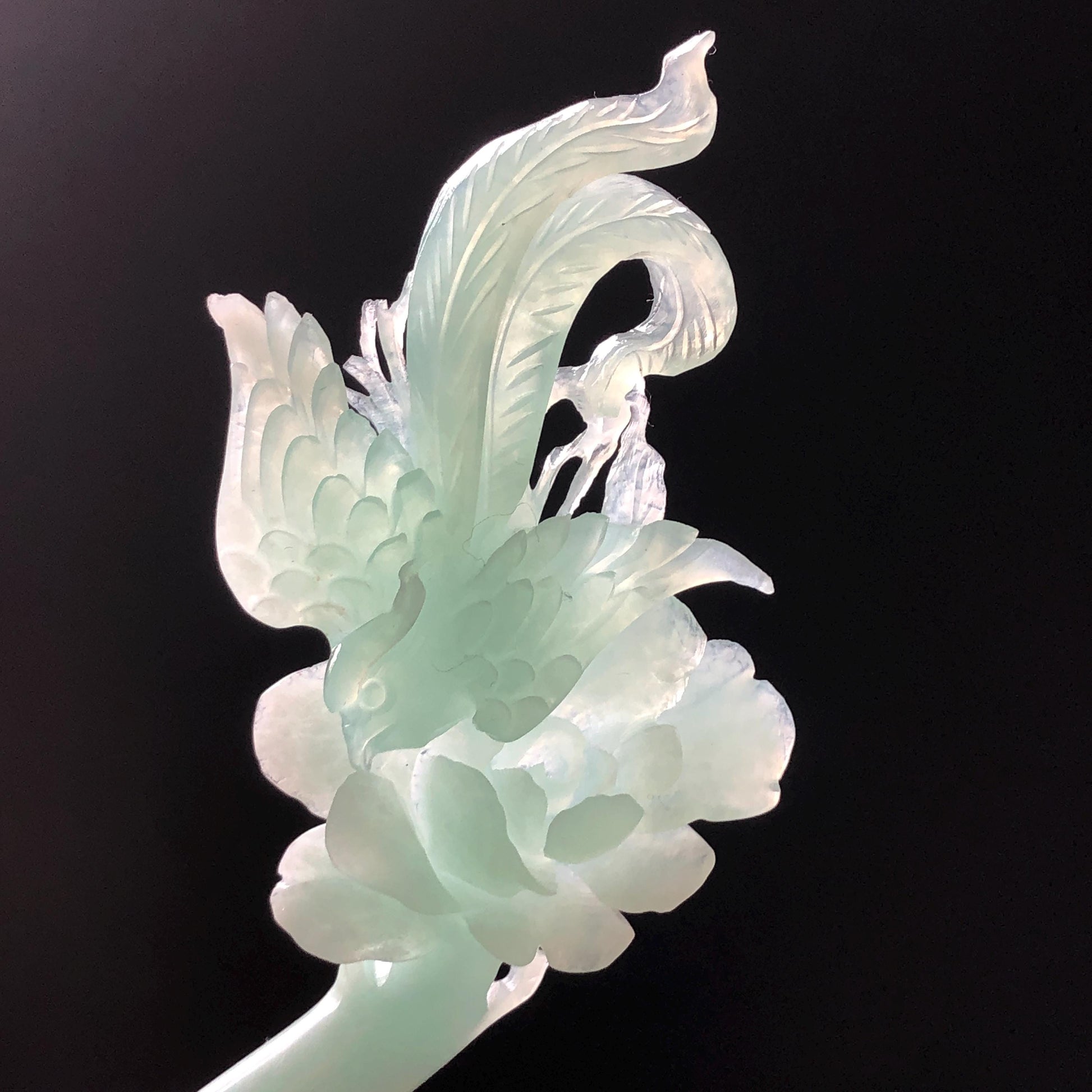 Xiu Jade Serpentine Hand Carved Blue Longevity Bird & Peony Hair Pin: Natural Certified Frosty Blue Jade Hanfu Hair Stick 3D Stone Carving Hair Jewelry  for Wedding Headpiece Hair accessories gift for her blue jade carving hand engraved peony flower hair fork hand carved flower hair comb Asian chinese hairpins hanfu hair stick korean hairpins japanese hair clip bridal shower hair clip natural untreated jade with certificate peony carving chinese jade hair stick bird carving bird lover gift