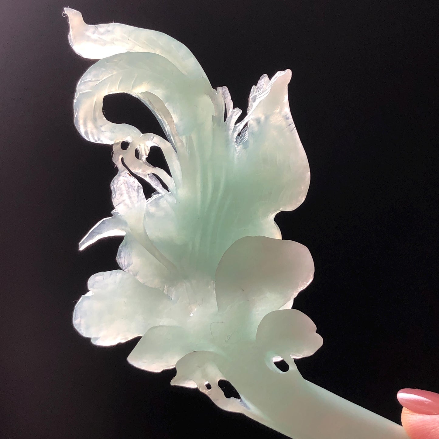 Xiu Jade Serpentine Hand Carved Blue Longevity Bird & Peony Hair Pin: Natural Certified Frosty Blue Jade Hanfu Hair Stick 3D Stone Carving Hair Jewelry  for Wedding Headpiece Hair accessories gift for her blue jade carving hand engraved peony flower hair fork hand carved flower hair comb Asian chinese hairpins hanfu hair stick korean hairpins japanese hair clip bridal shower hair clip natural untreated jade with certificate peony carving chinese jade hair stick bird carving bird lover gift