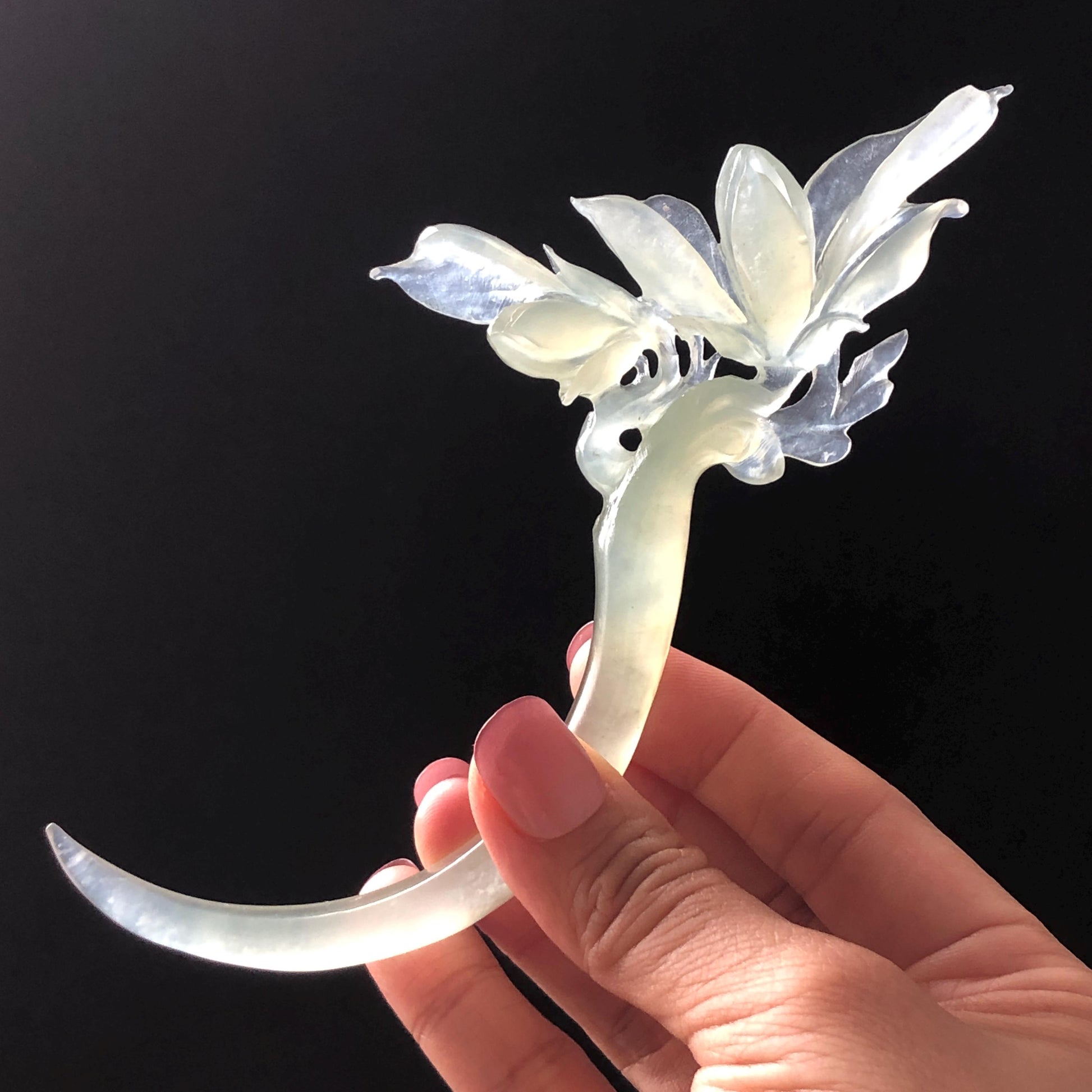 Certified Natural Xiu Jade Serpentine Hand Carved Yulan Flower Hair Pin | Ice Green Jade Handcrafted Hair Stick | Bridal Wedding Headpiece gift for her japanese hairpin korean hair stick chinese hair fork vintage hair comb antique hair pins hanfu hair stick bridal shower hair jewelry wedding headpiece bridal shower gift engagement hair accessory jade carving hand engraved jade hand carved flower jade hairpins untreated natural jade with certificate handcraft jade half moon hairpin
