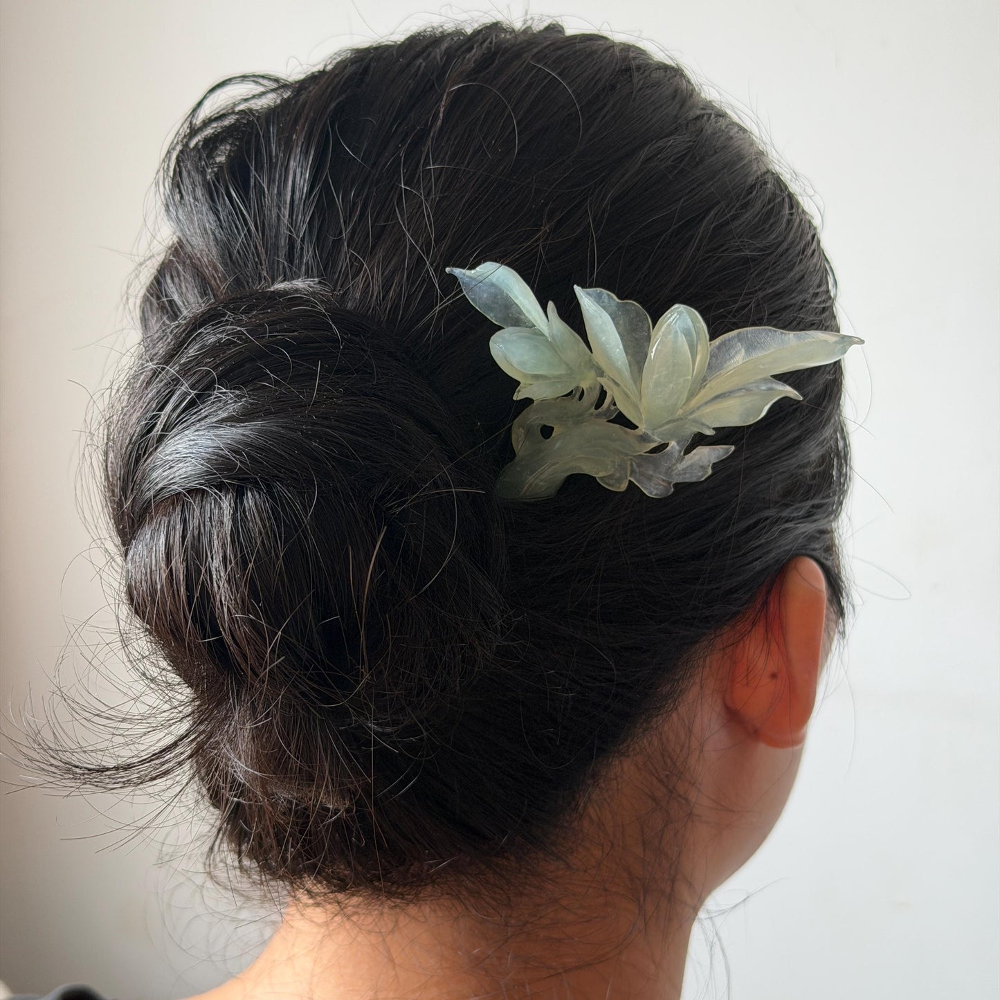 Certified Natural Xiu Jade Serpentine Hand Carved Yulan Flower Hair Pin | Ice Green Jade Handcrafted Hair Stick | Bridal Wedding Headpiece gift for her japanese hairpin korean hair stick chinese hair fork vintage hair comb antique hair pins hanfu hair stick bridal shower hair jewelry wedding headpiece bridal shower gift engagement hair accessory jade carving hand engraved jade hand carved flower jade hairpins untreated natural jade with certificate handcraft jade half moon hairpin