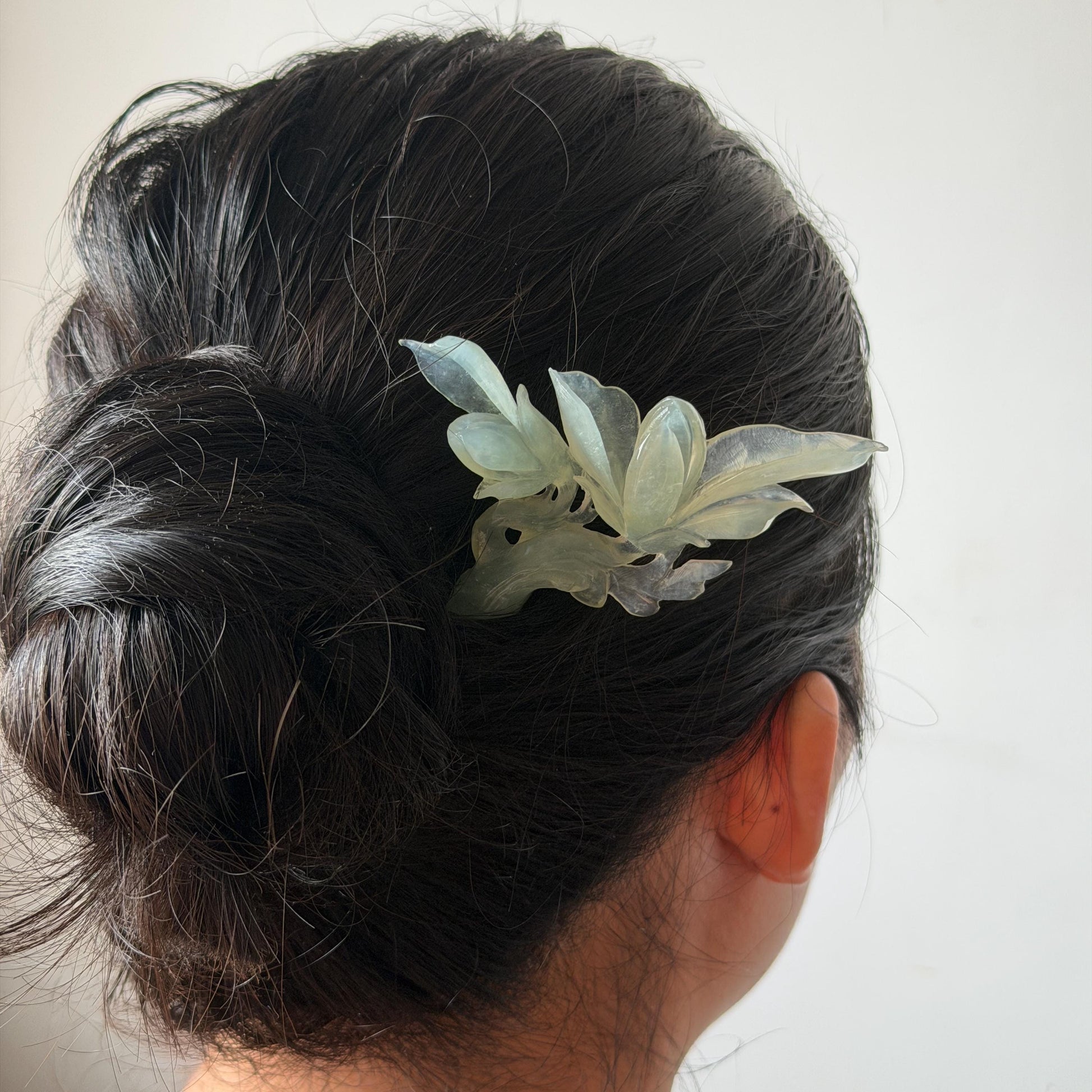 Certified Natural Xiu Jade Serpentine Hand Carved Yulan Flower Hair Pin | Ice Green Jade Handcrafted Hair Stick | Bridal Wedding Headpiece gift for her japanese hairpin korean hair stick chinese hair fork vintage hair comb antique hair pins hanfu hair stick bridal shower hair jewelry wedding headpiece bridal shower gift engagement hair accessory jade carving hand engraved jade hand carved flower jade hairpins untreated natural jade with certificate handcraft jade half moon hairpin