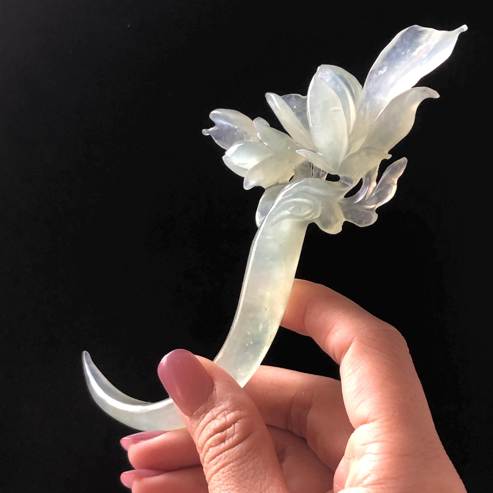 Certified Natural Xiu Jade Serpentine Hand Carved Yulan Flower Hair Pin | Ice Green Jade Handcrafted Hair Stick | Bridal Wedding Headpiece gift for her japanese hairpin korean hair stick chinese hair fork vintage hair comb antique hair pins hanfu hair stick bridal shower hair jewelry wedding headpiece bridal shower gift engagement hair accessory jade carving hand engraved jade hand carved flower jade hairpins untreated natural jade with certificate handcraft jade half moon hairpin