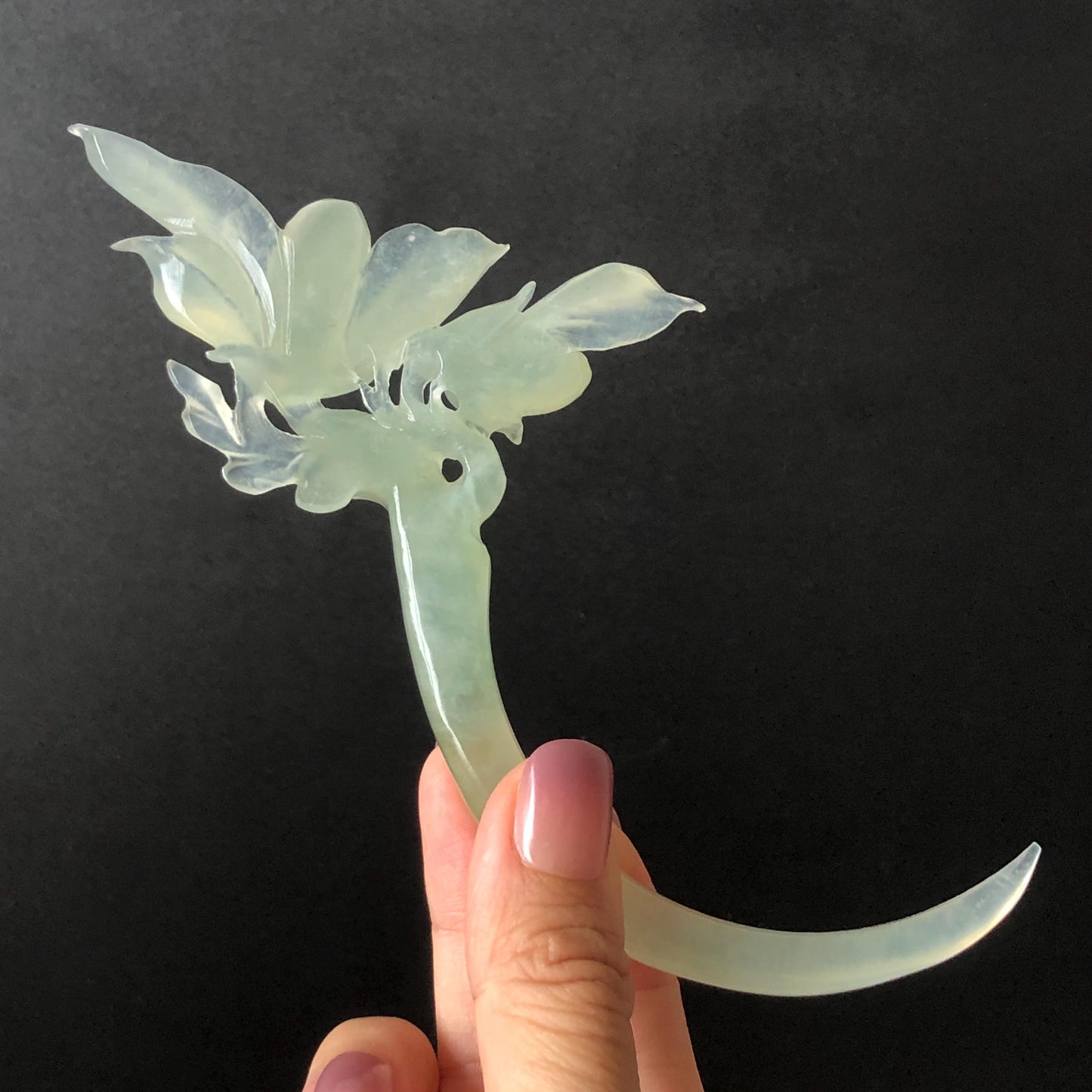 Certified Natural Xiu Jade Serpentine Hand Carved Yulan Flower Hair Pin | Ice Green Jade Handcrafted Hair Stick | Bridal Wedding Headpiece gift for her japanese hairpin korean hair stick chinese hair fork vintage hair comb antique hair pins hanfu hair stick bridal shower hair jewelry wedding headpiece bridal shower gift engagement hair accessory jade carving hand engraved jade hand carved flower jade hairpins untreated natural jade with certificate handcraft jade half moon hairpin