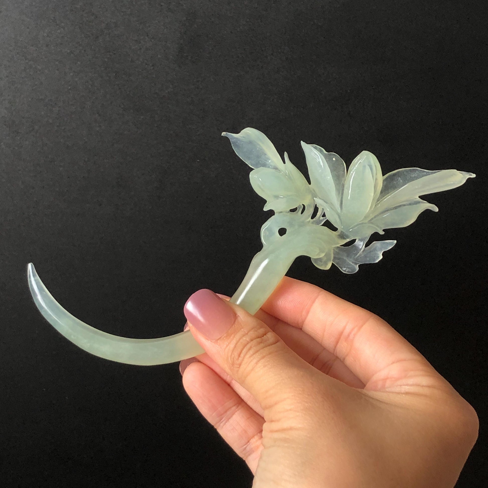 Certified Natural Xiu Jade Serpentine Hand Carved Yulan Flower Hair Pin | Ice Green Jade Handcrafted Hair Stick | Bridal Wedding Headpiece gift for her japanese hairpin korean hair stick chinese hair fork vintage hair comb antique hair pins hanfu hair stick bridal shower hair jewelry wedding headpiece bridal shower gift engagement hair accessory jade carving hand engraved jade hand carved flower jade hairpins untreated natural jade with certificate handcraft jade half moon hairpin