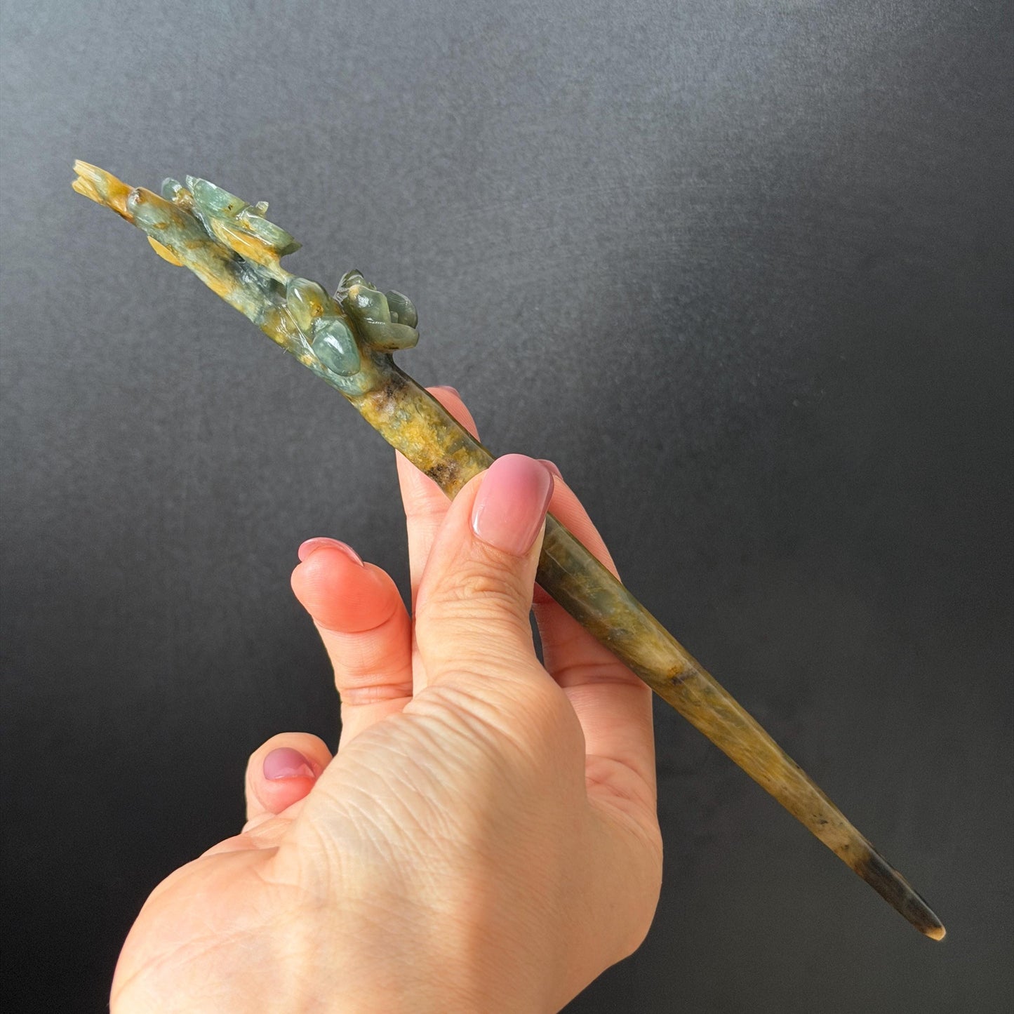 Xiu Jade Serpentine Hand Carved Plum Blossom Flower Hair Pin: Natural Yellow Green Jade Hair Stick 3D stone carving Hair Jewelry Chinese Vintage Hanfu Antique Bridal Hair Fork Gift for her japanese hairpin korean hair stick chinese hair fork vintage hair comb antique hair pins bridal shower hair jewelry wedding headpiece bridal shower gift engagement hair accessory jade carving hand engraved jade hand carved flower jade hairpins untreated natural jade with certificate green jade yellow jade