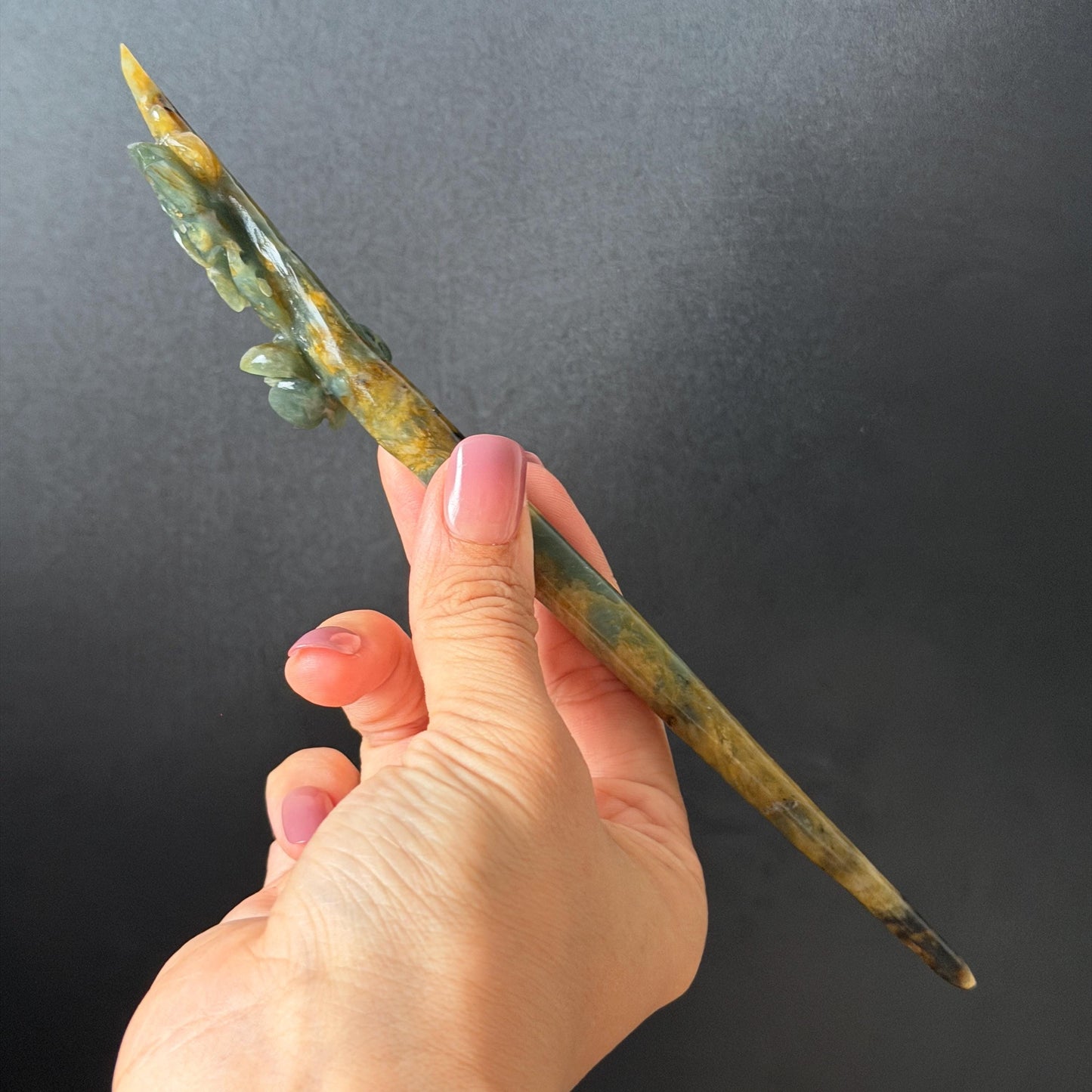 Xiu Jade Serpentine Hand Carved Plum Blossom Flower Hair Pin: Natural Yellow Green Jade Hair Stick 3D stone carving Hair Jewelry Chinese Vintage Hanfu Antique Bridal Hair Fork Gift for her japanese hairpin korean hair stick chinese hair fork vintage hair comb antique hair pins bridal shower hair jewelry wedding headpiece bridal shower gift engagement hair accessory jade carving hand engraved jade hand carved flower jade hairpins untreated natural jade with certificate green jade yellow jade