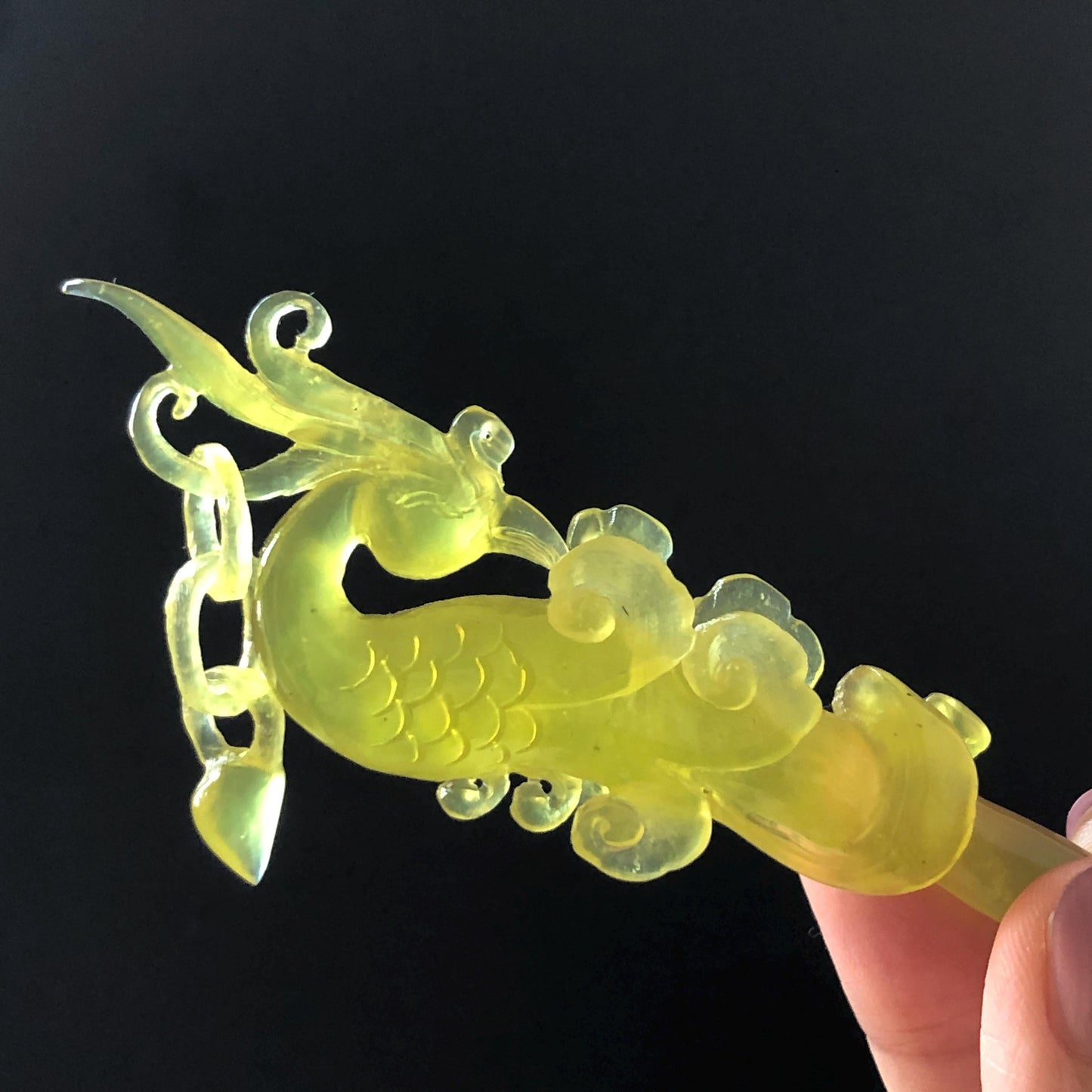 Xiu Jade (Serpentine) Hand Carved Golden Phoenix Hair Pin: Natural Ice Yellow Jade Handcrafted Hair Stick 3D Stone Carving Asian Chinese Vintage Hanfu Hair Fork gift for her yellow jade carving phoenix carving peony carving certified natural jade untreated jade with certificate chinese hairpins japanese hair pins korean hair stick hanfu hair comb antique hair fork wedding headpiece