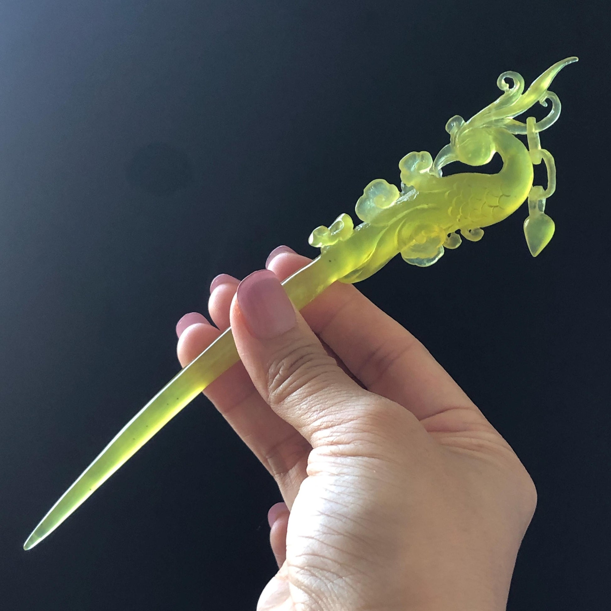 Xiu Jade (Serpentine) Hand Carved Golden Phoenix Hair Pin: Natural Ice Yellow Jade Handcrafted Hair Stick 3D Stone Carving Asian Chinese Vintage Hanfu Hair Fork gift for her yellow jade carving phoenix carving peony carving certified natural jade untreated jade with certificate chinese hairpins japanese hair pins korean hair stick hanfu hair comb antique hair fork wedding headpiece