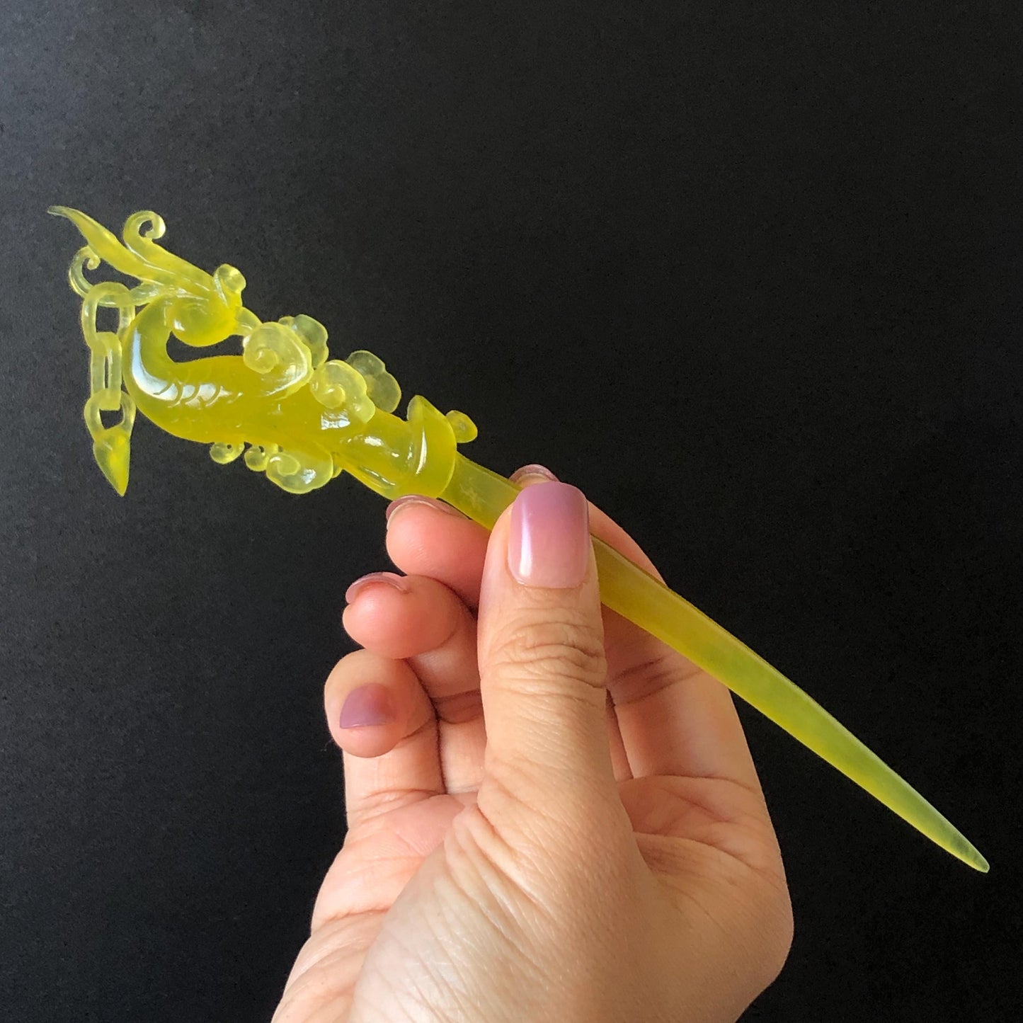 Xiu Jade (Serpentine) Hand Carved Golden Phoenix Hair Pin: Natural Ice Yellow Jade Handcrafted Hair Stick 3D Stone Carving Asian Chinese Vintage Hanfu Hair Fork gift for her yellow jade carving phoenix carving peony carving certified natural jade untreated jade with certificate chinese hairpins japanese hair pins korean hair stick hanfu hair comb antique hair fork wedding headpiece