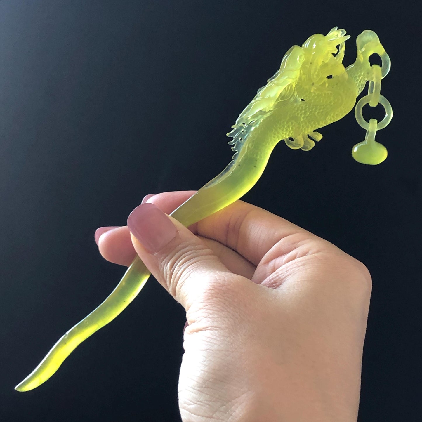 Xiu Jade Serpentine Hand Carved Soaring Dragon Hair Pin: Certified Natural Ice Golden Yellow Jade Hair Stick | Asian Vintage Hair Fork Gift for her japanese hairpin korean hair stick hanfu hair fork vintage hair comb antique hair pins dragon carving hand engraved dragon yellow jade carving hand carved dragon hair stick tassel wedding headpiece bridal shower gift bridal hair clip ice dragon hair stick