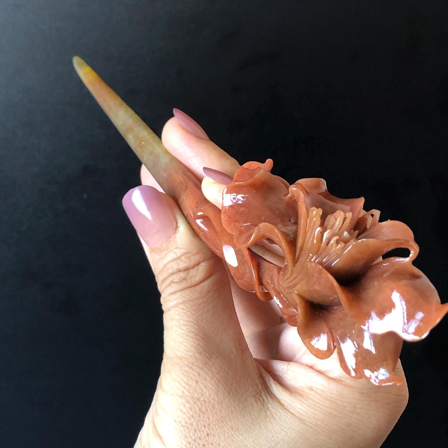 Xiu Jade Serpentine Hand Carved Yulan Flower Hair Fork with dangle: Certified Natural Yellow Red Jade Hairpin, Vintage Hanfu Hair Jewelry Gift for her Bridal Shower gift bridal hair clip wedding headpiece wedding hair jewelry bridal hair accessories red jade carving white jade hand engraved flower hair stick japanese hairpins korean hair stick chinese hair comb vintage hair pins antique hair fork hanfu hair pins certified untreated jade wedding headpiece bridal headpiece bridal shower gift