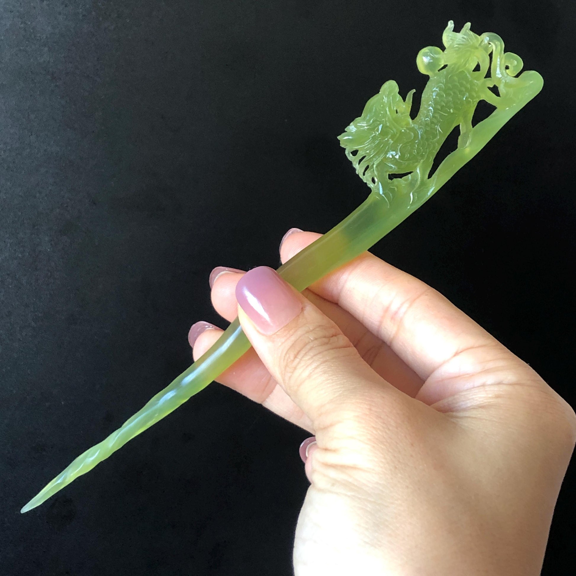 Xiu Jade Serpentine Hand Carved Qilin Kirin Hair Pin: Certified Natural Ice Green Jade Hair Stick, Asian Vintage Hair Fork Gift for her japanese hairpin korean hair stick hanfu hair fork vintage hair comb antique hair pins dragon carving hand engraved kirin Qilin carving green jade carving hand carved dragon hair stick 3D stone carving antique hair stick untreated jade with certificate